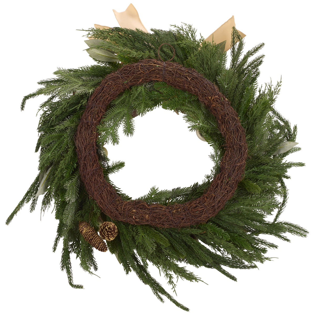 A woven vine base supports wispy evergreen sprigs and natural pine cones. || FXP1100A || back_studio