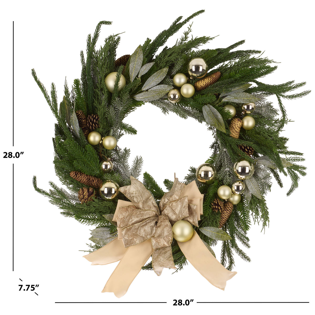A 28-inch wreath layers sweeping greenery with a generous bow and metallic holiday ornaments. || FXP1100A || dimension_studio