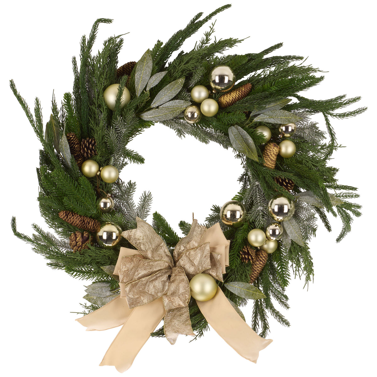 A champagne bow anchors a festive ring of silvery leaves, pine cones, and gold baubles. || FXP1100A || front_studio