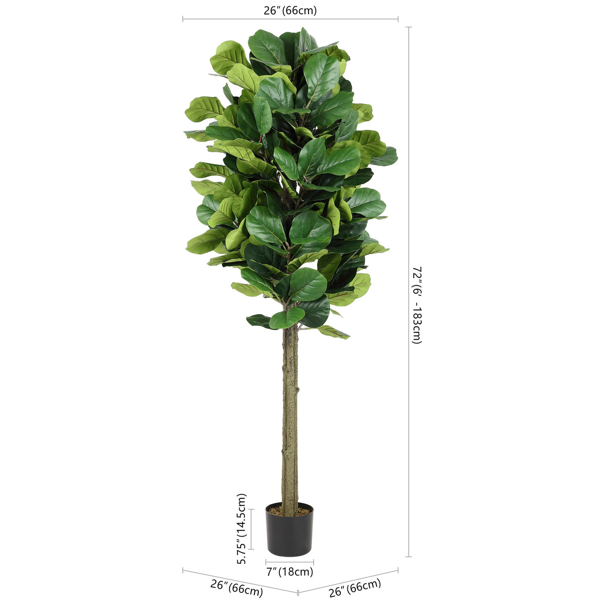 A faux fiddle-leaf fig tree rises 72 inches from a black pot. || FXP2004A || dimension_studio