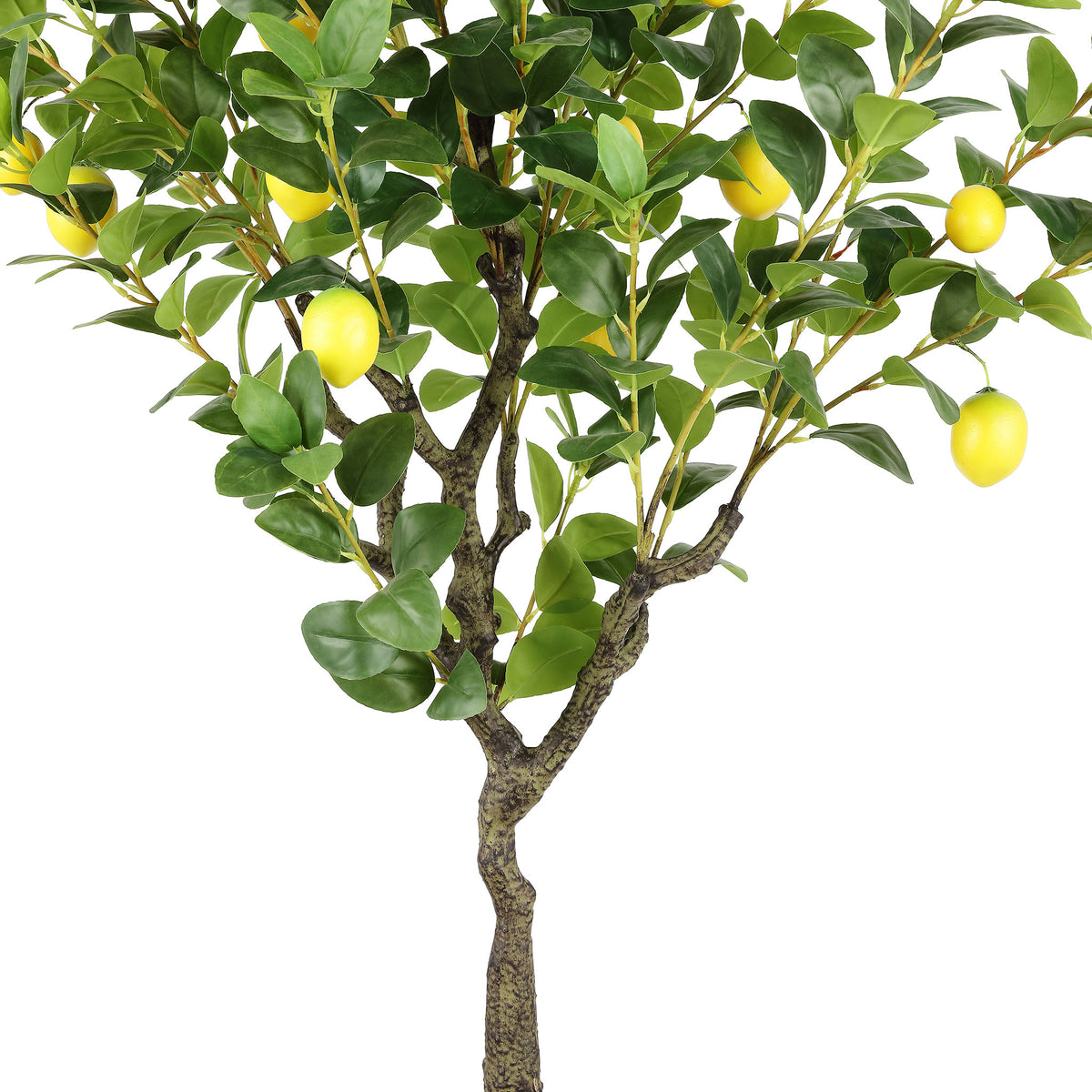 Green leaves and lemons surround the tree's textured branching trunk.