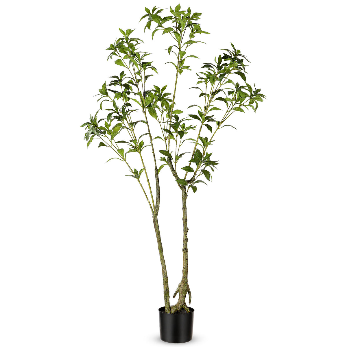 A tall faux tree pairs airy green foliage with branching trunks. || FXP2013A || front_studio