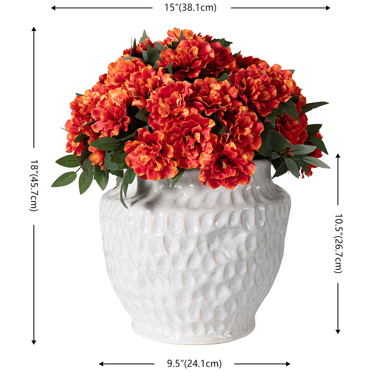 A marigold arrangement reaches about 18 inches tall in a white pot. || FXP2030A || dimension_studio