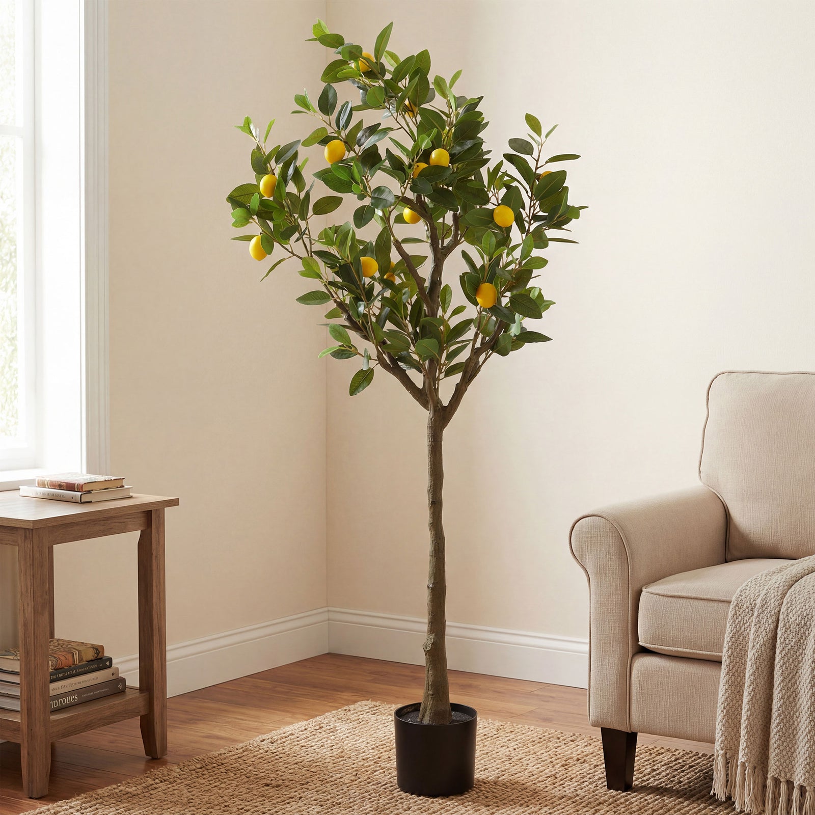 A lemon tree brings sunny yellow fruit and fresh greenery to a living room. || FXP2032A || front_room