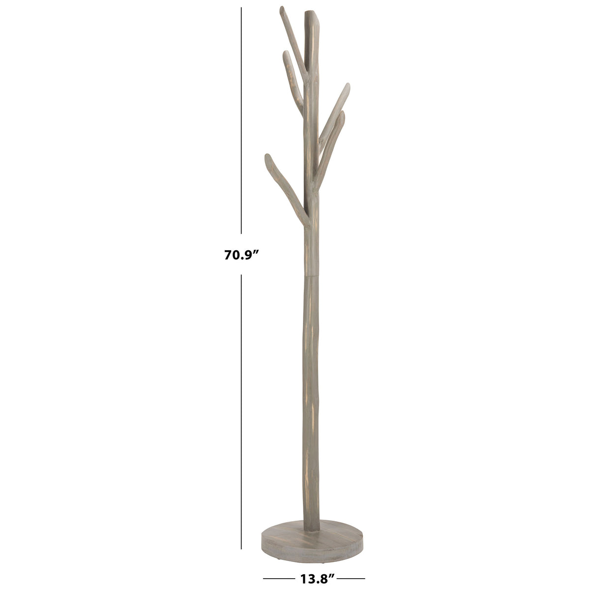 Gray teak coat rack stands 70.9 inches tall on a 13.8-inch-wide round base || HAC4000B || dimension_studio