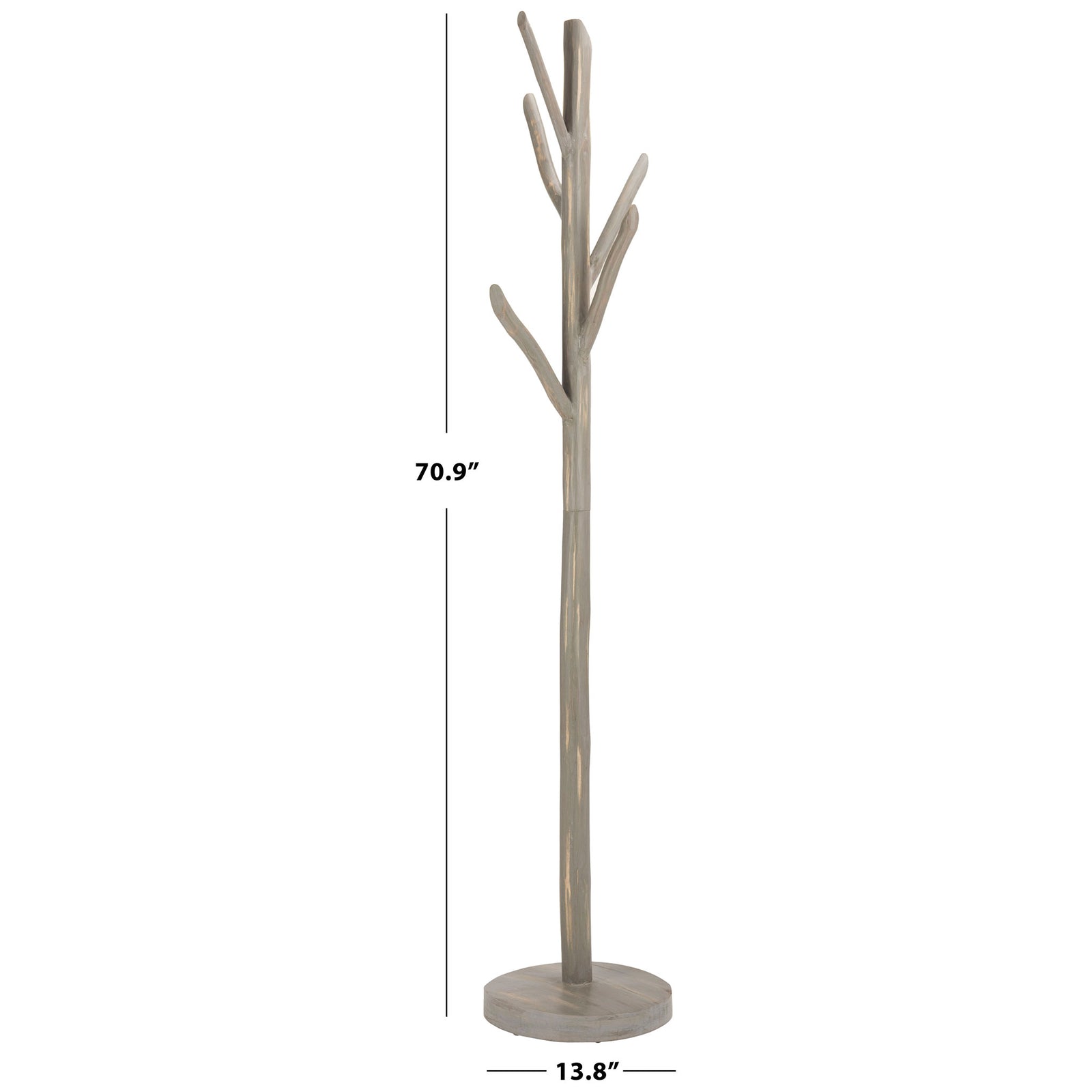 Gray teak coat rack stands 70.9 inches tall on a 13.8-inch-wide round base || HAC4000B || dimension_studio