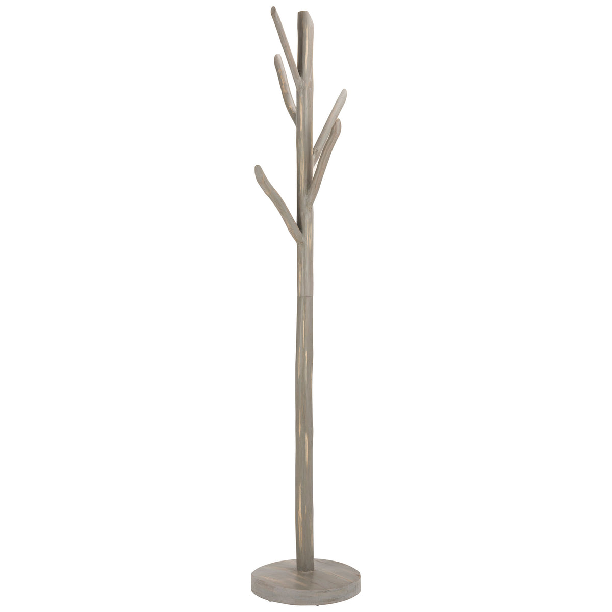 Distressed gray teak coat rack features sculptural branch hooks and a round base || HAC4000B || front_studio