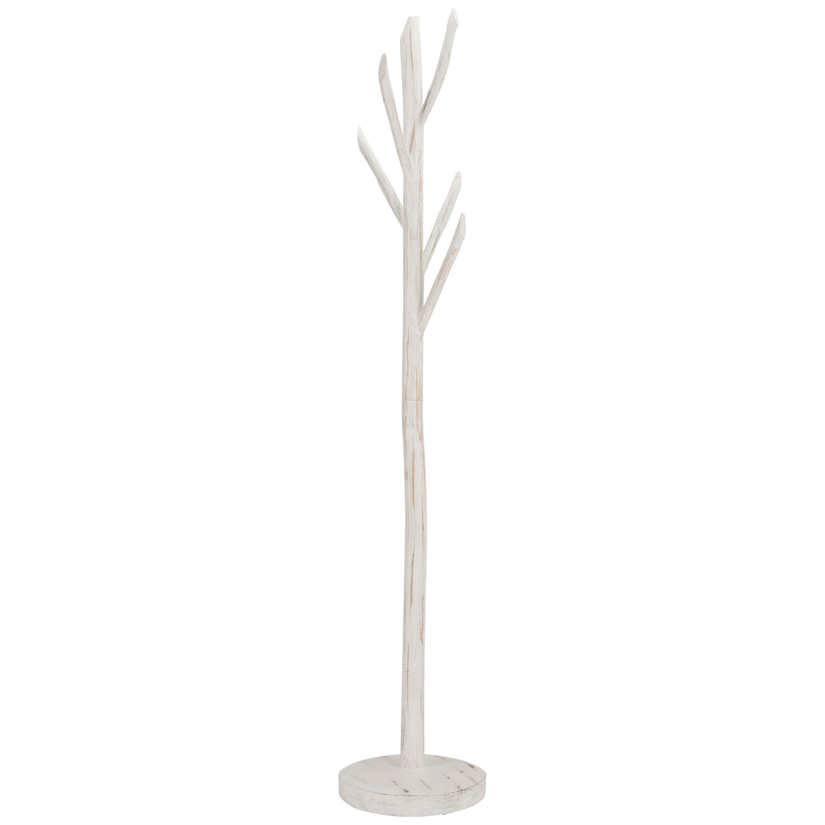 Distressed white teak coat rack offers tree-like hooks above a compact round base || HAC4000C || front_studio