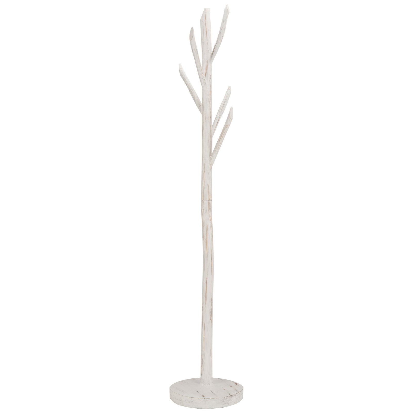 Distressed white teak coat rack offers tree-like hooks above a compact round base || HAC4000C || front_studio