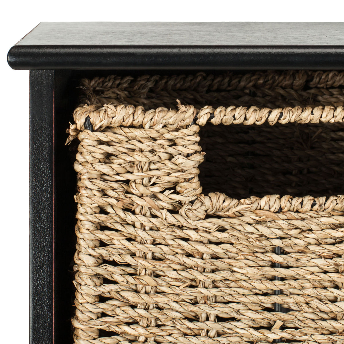 Natural woven basket texture warms the sleek black rack beneath its rounded top shelf