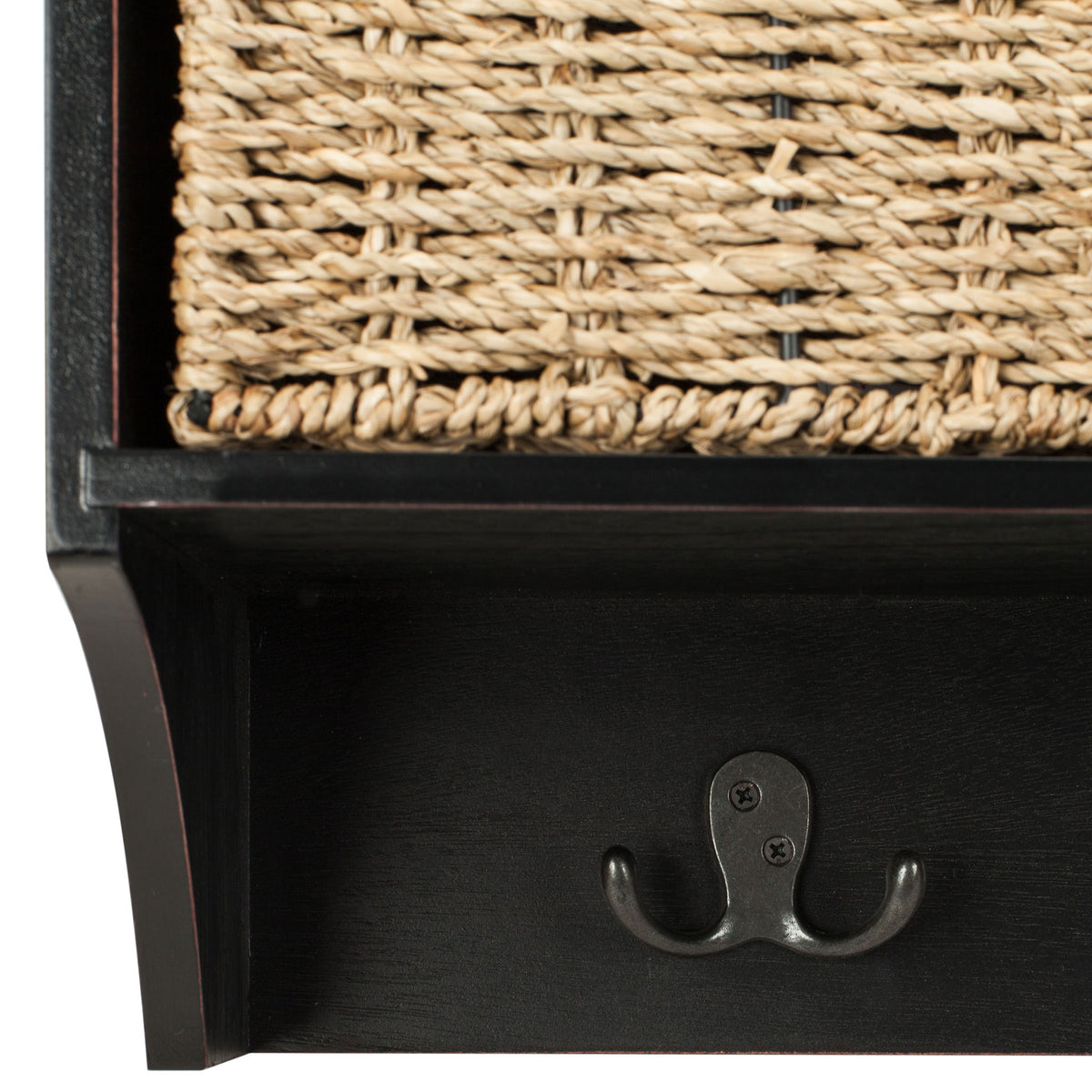 A dark metal double hook adds hanging space below the woven basket and black frame