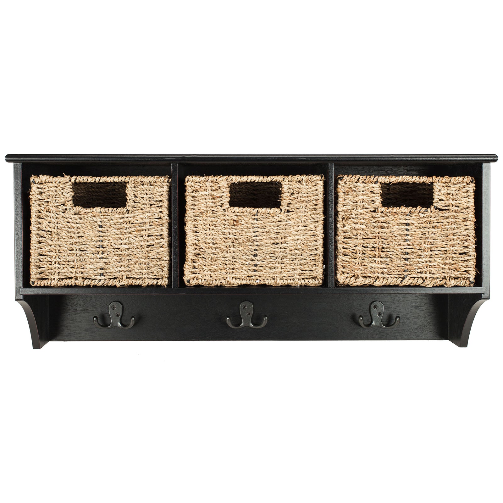 Three natural woven baskets and double hooks make this black wall rack a stylish storage solution || HAC5700A || front_studio