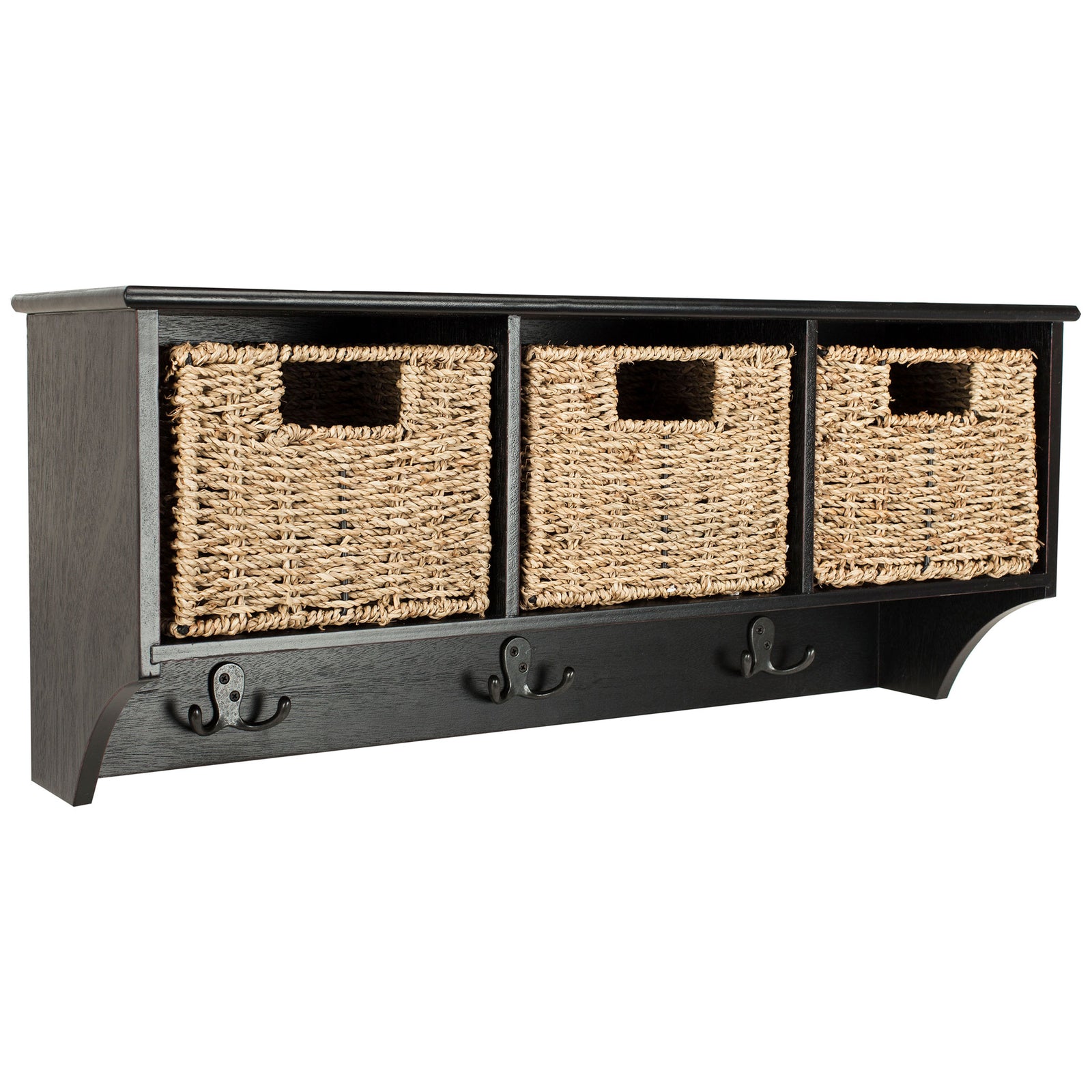A smooth black display shelf tops three basket cubbies, with curved supports framing the hooks below || HAC5700A || front_angle_studio