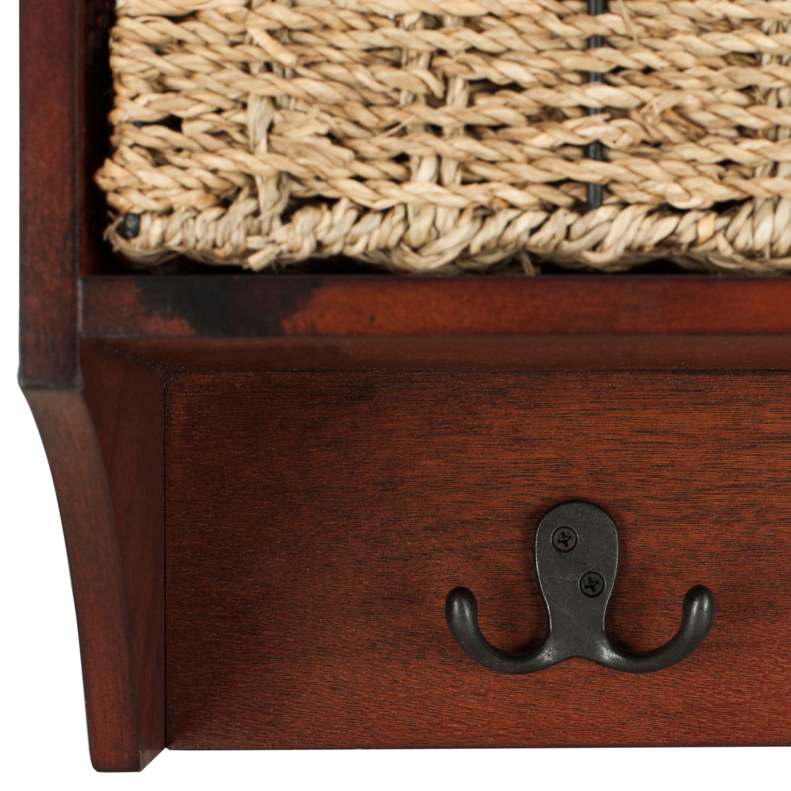 A sturdy dark double hook sits beneath the woven basket on the cherry-finished rack || HAC5700B || detail_studio