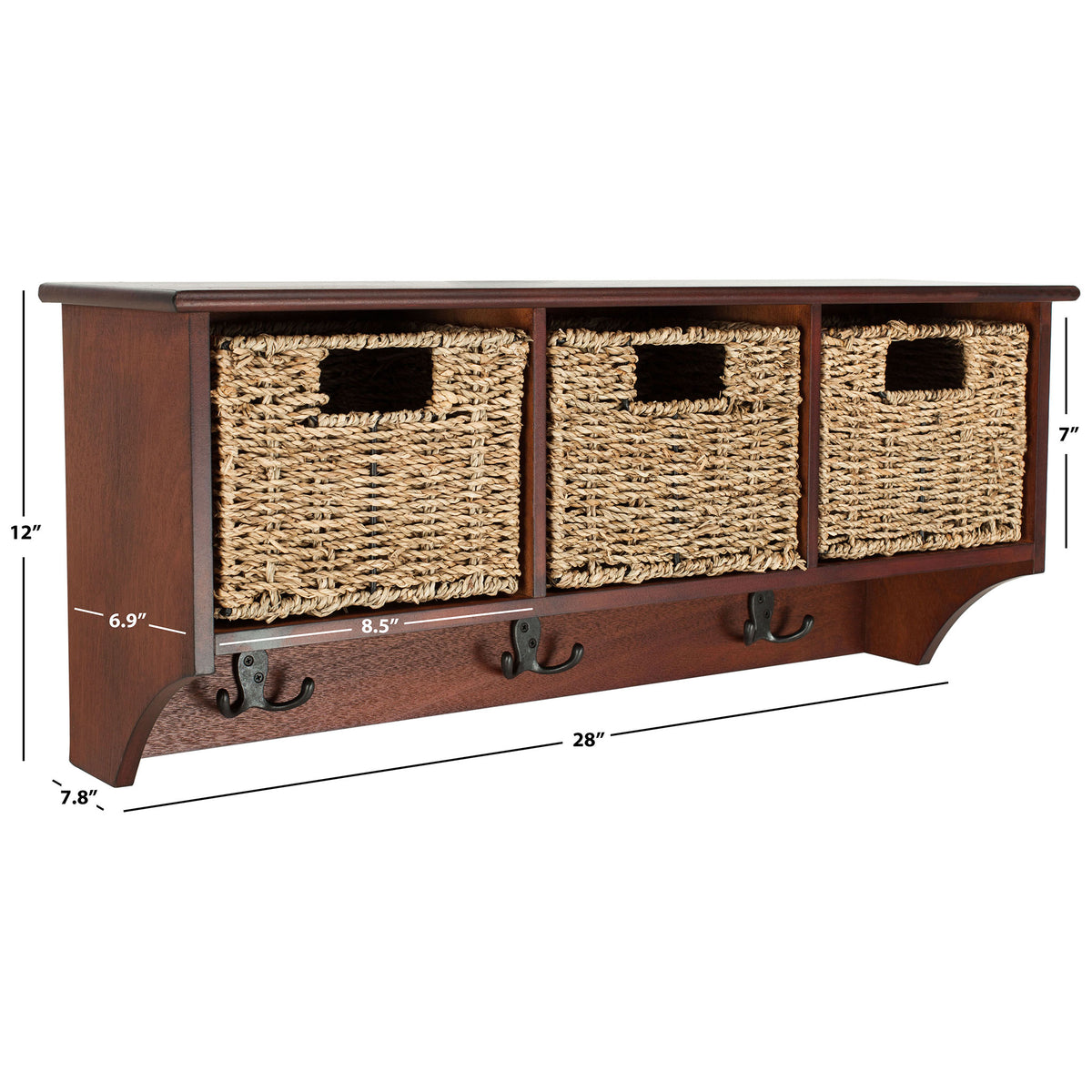 This cherry-finished wall rack spans 28 inches, with three woven baskets and double hooks below || HAC5700B || dimension_studio