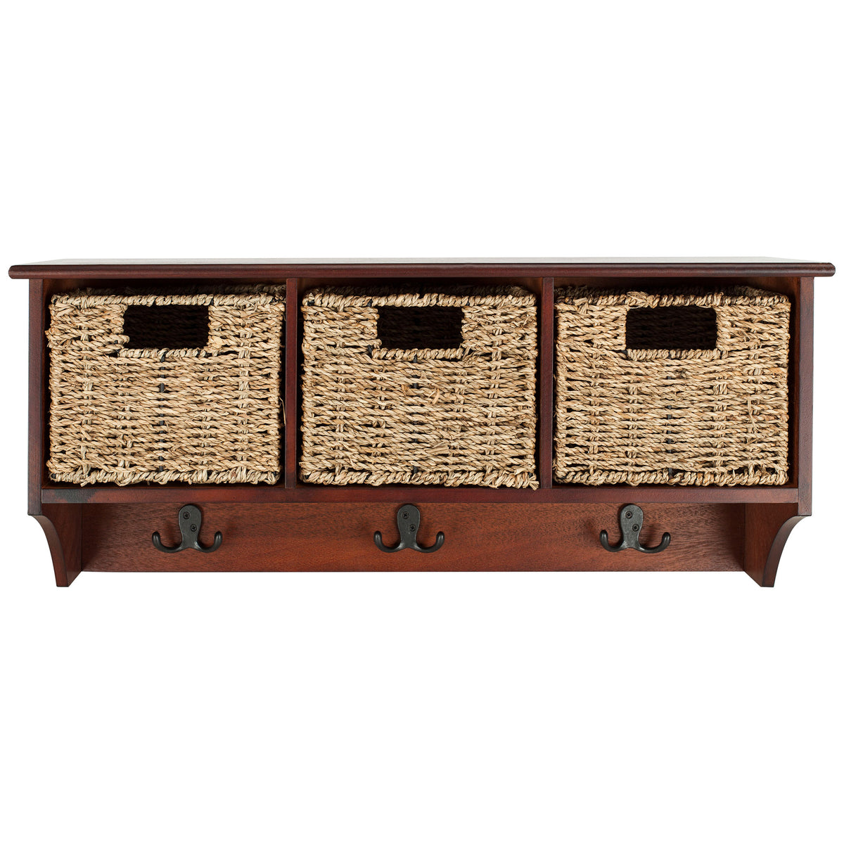 Three woven baskets brighten the warm cherry frame above a trio of dark double hooks || HAC5700B || front_studio