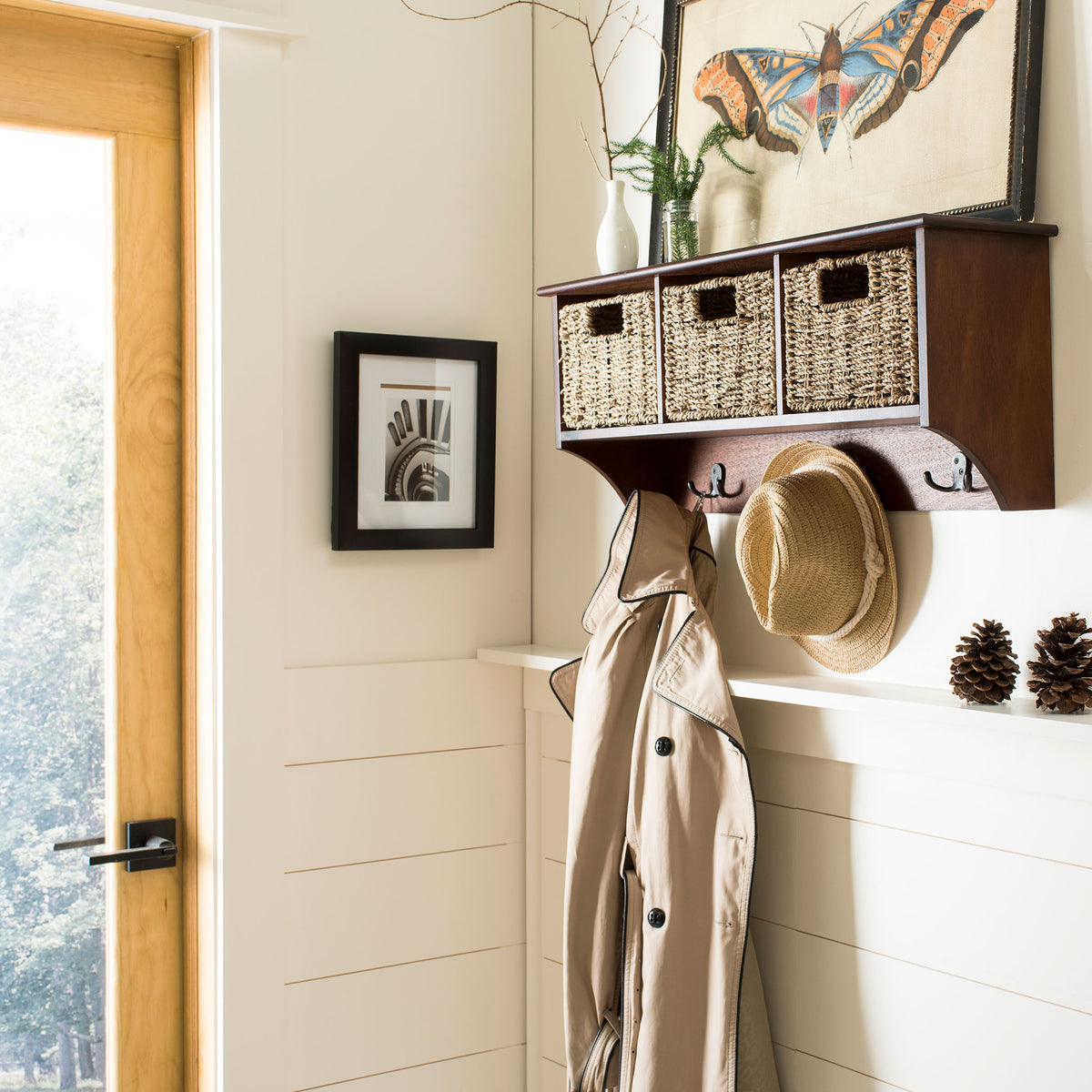 Cherry-finished wall storage keeps hats, coats and small essentials organized without taking floor space || HAC5700B || front_angle_room