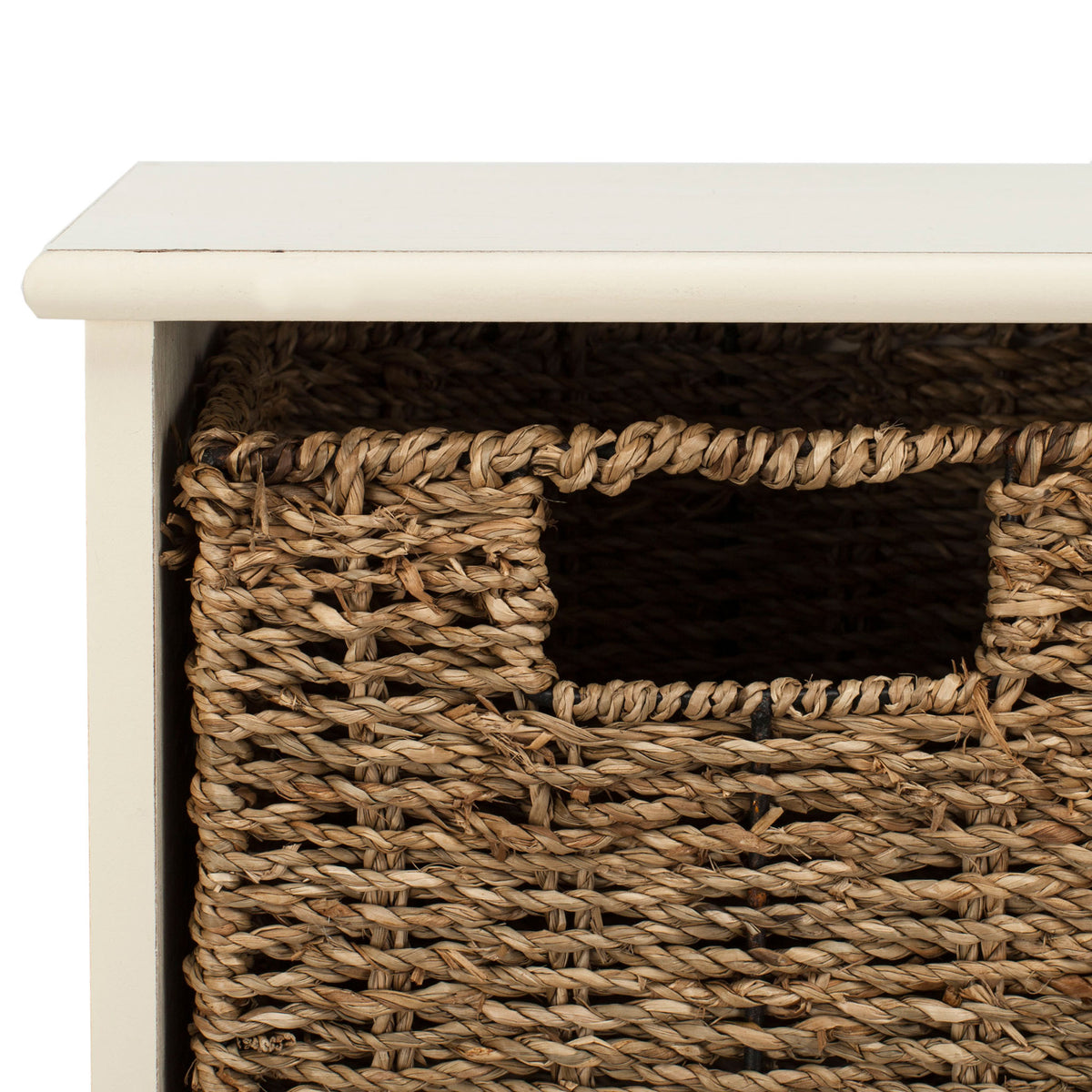 A textured woven basket complements the white wall rack and its smooth top shelf