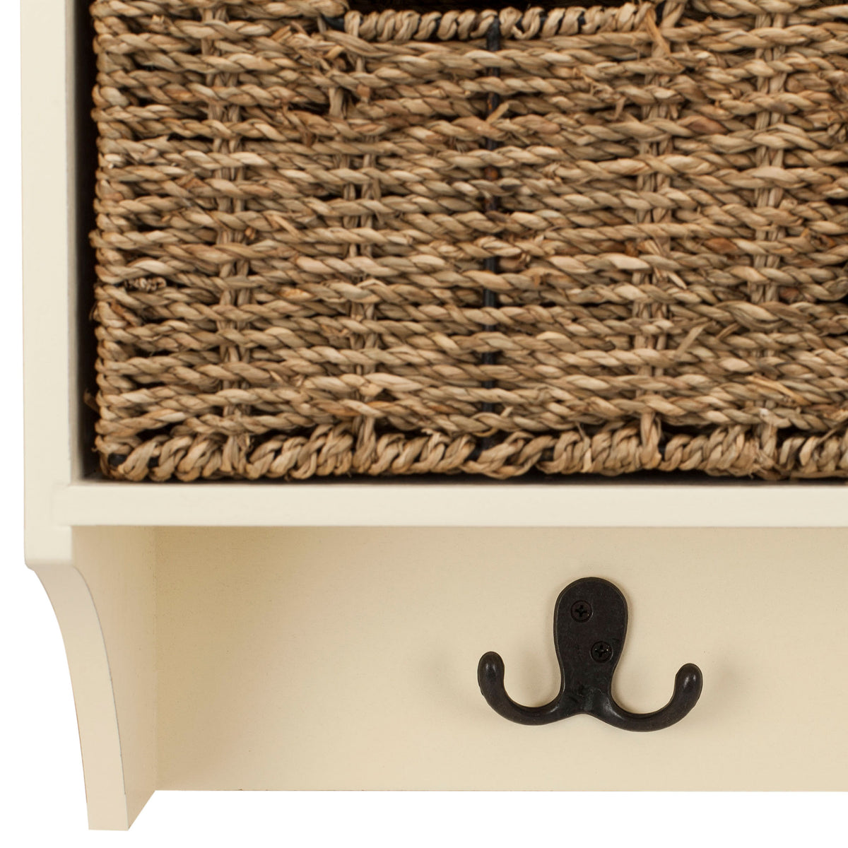 A dark double hook hangs below the woven basket for keeping coats and bags close || HAC5700C || detail_studio