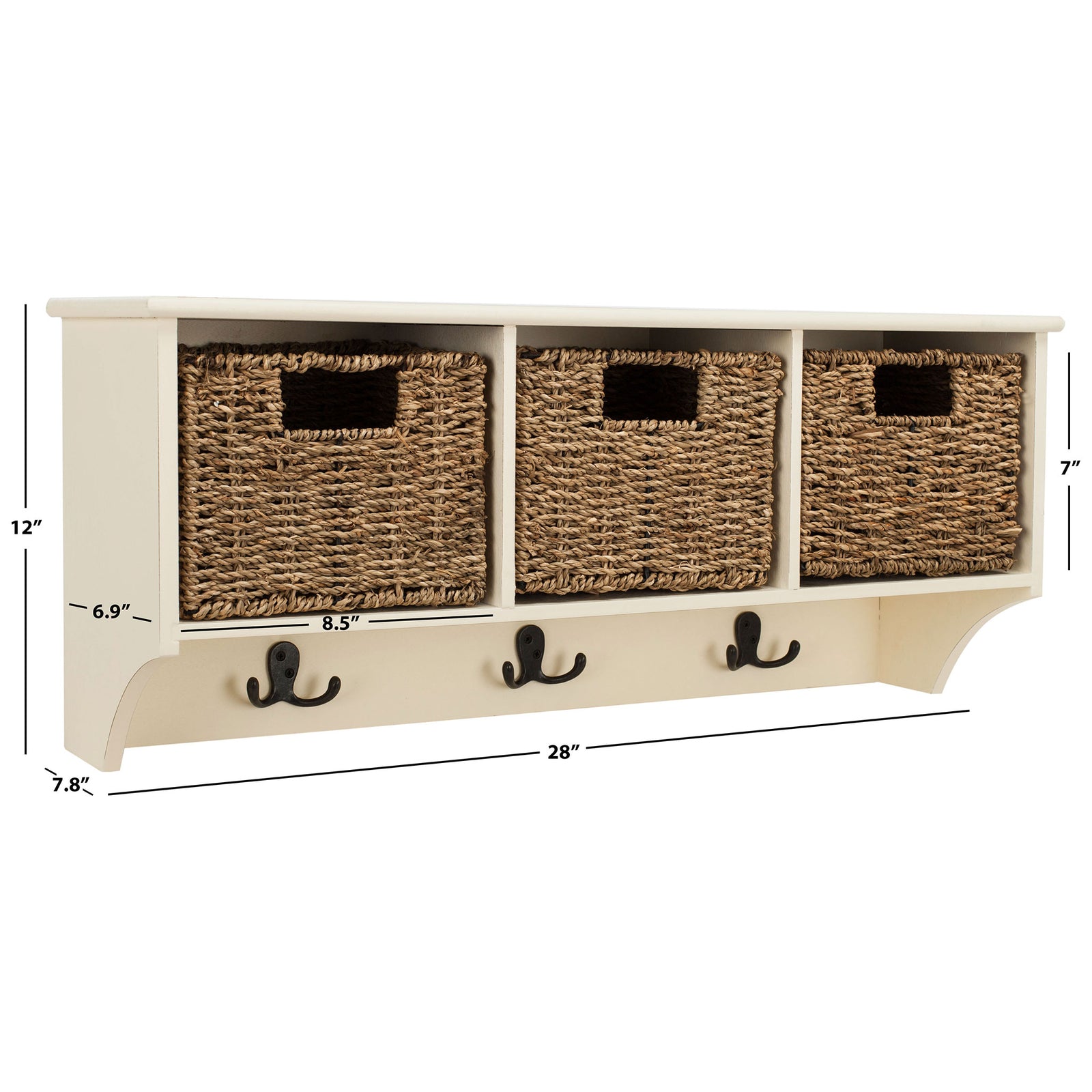 This white wall rack stretches 28 inches wide, fitting three woven baskets above double hooks || HAC5700C || dimension_studio