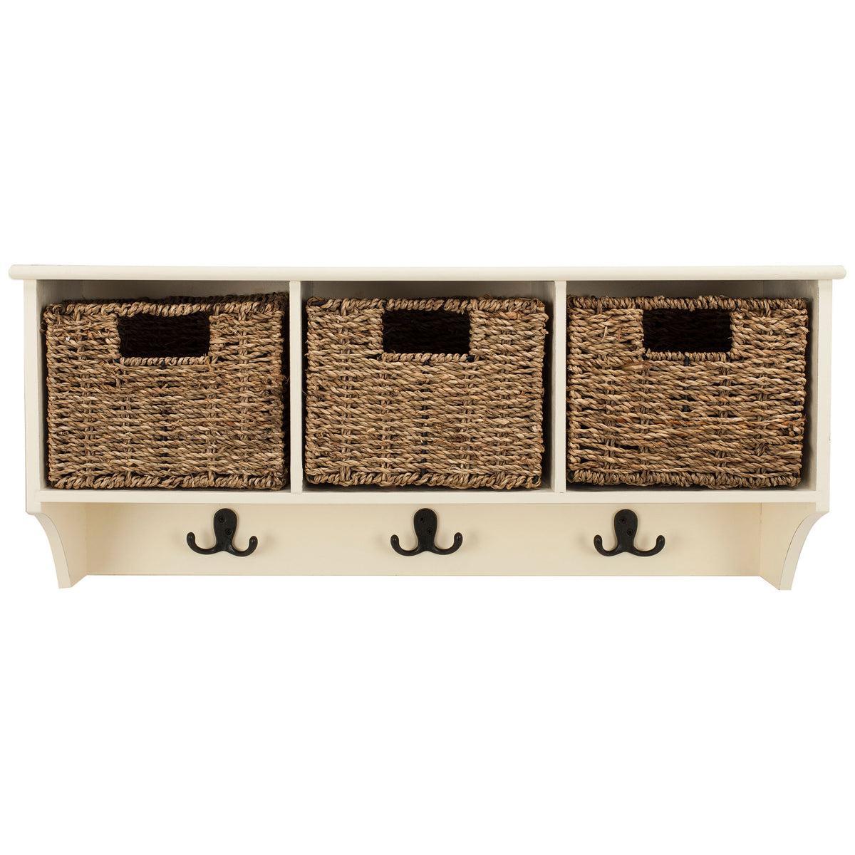 A white wall rack holds three natural woven baskets over a row of dark metal double hooks || HAC5700C || front_studio