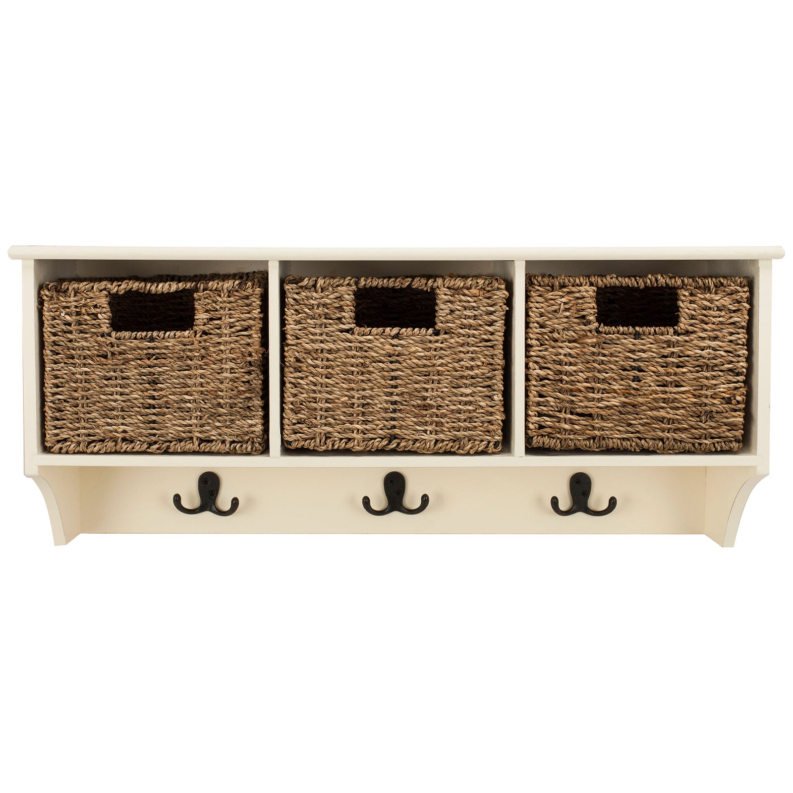 A white wall rack holds three natural woven baskets over a row of dark metal double hooks || HAC5700C || front_studio