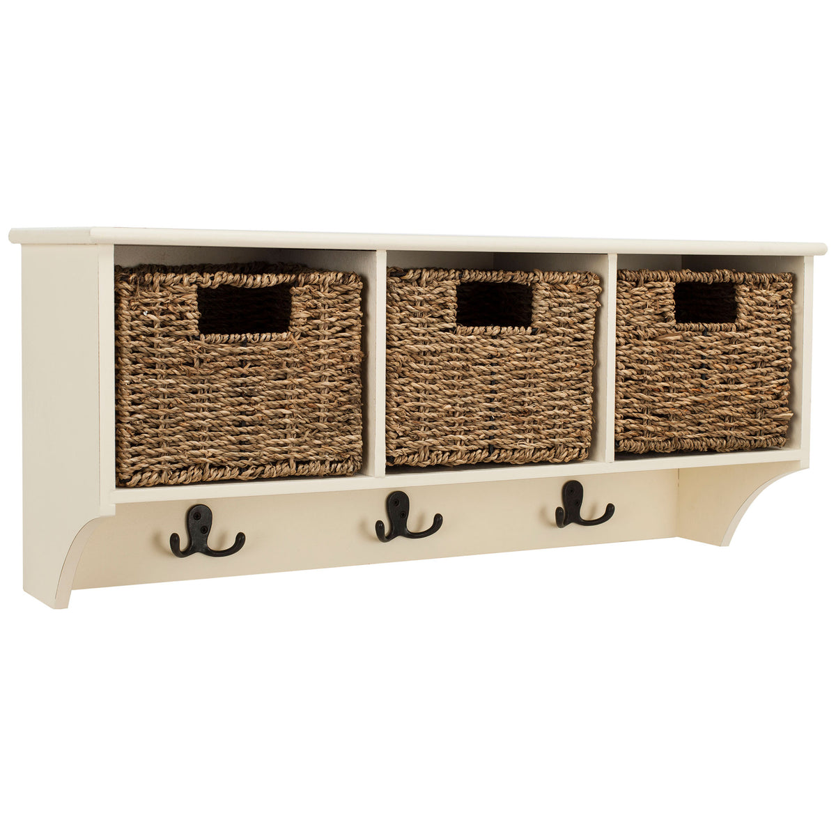 A clean white ledge tops three woven storage cubbies, with curved supports and hooks underneath || HAC5700C || front_angle_studio