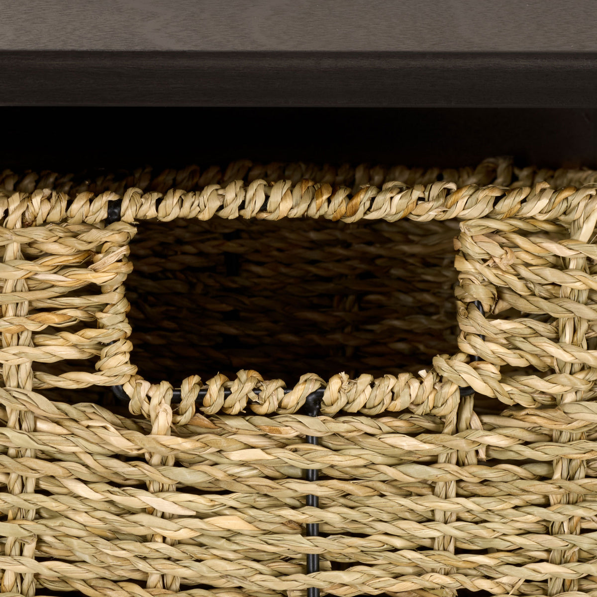 An inset handhold makes the woven storage basket simple to pull from the dark rack || HAC5700D || handle_studio