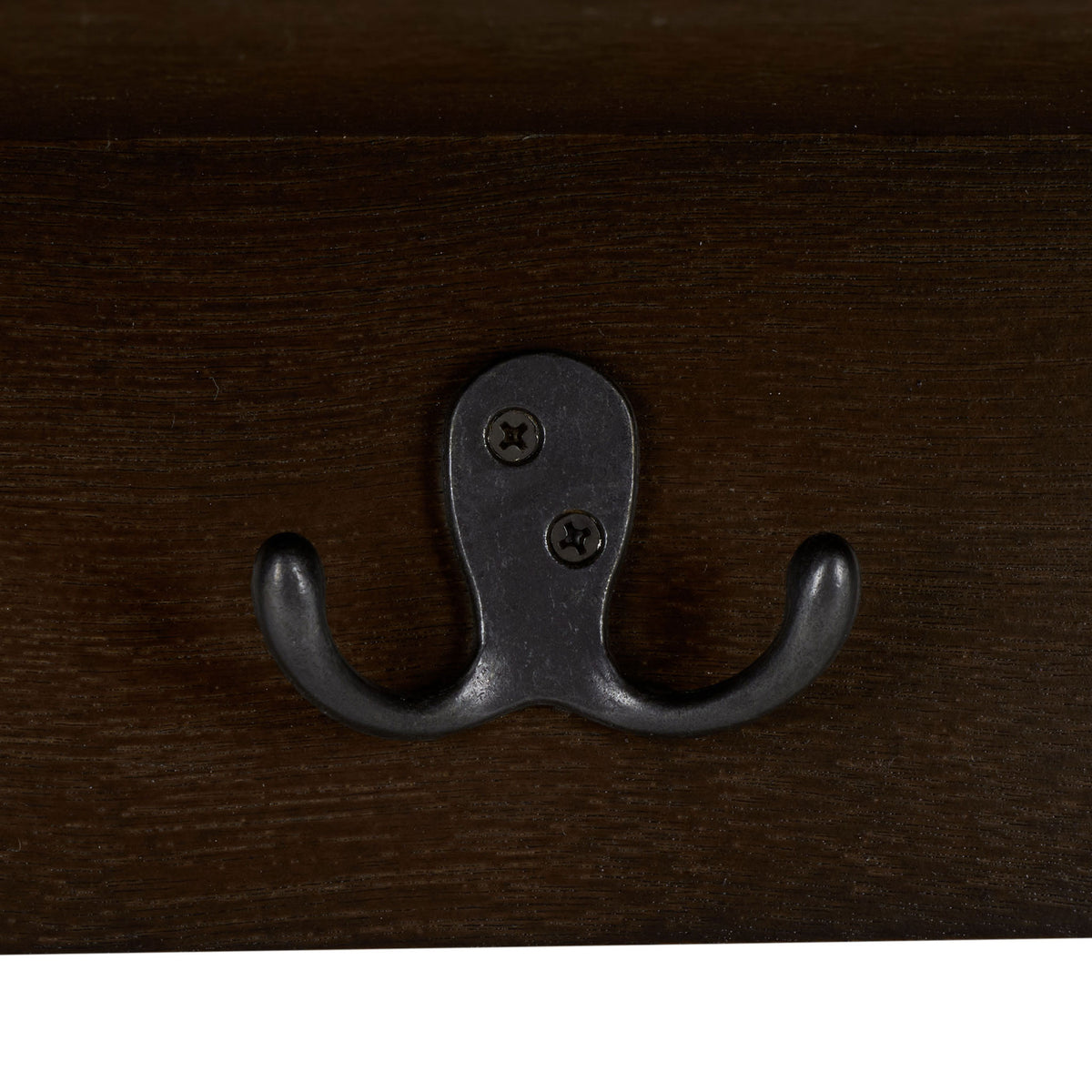 A sturdy dark metal double hook adds space for coats and bags on the chocolate-finished rack || HAC5700D || detail_studio