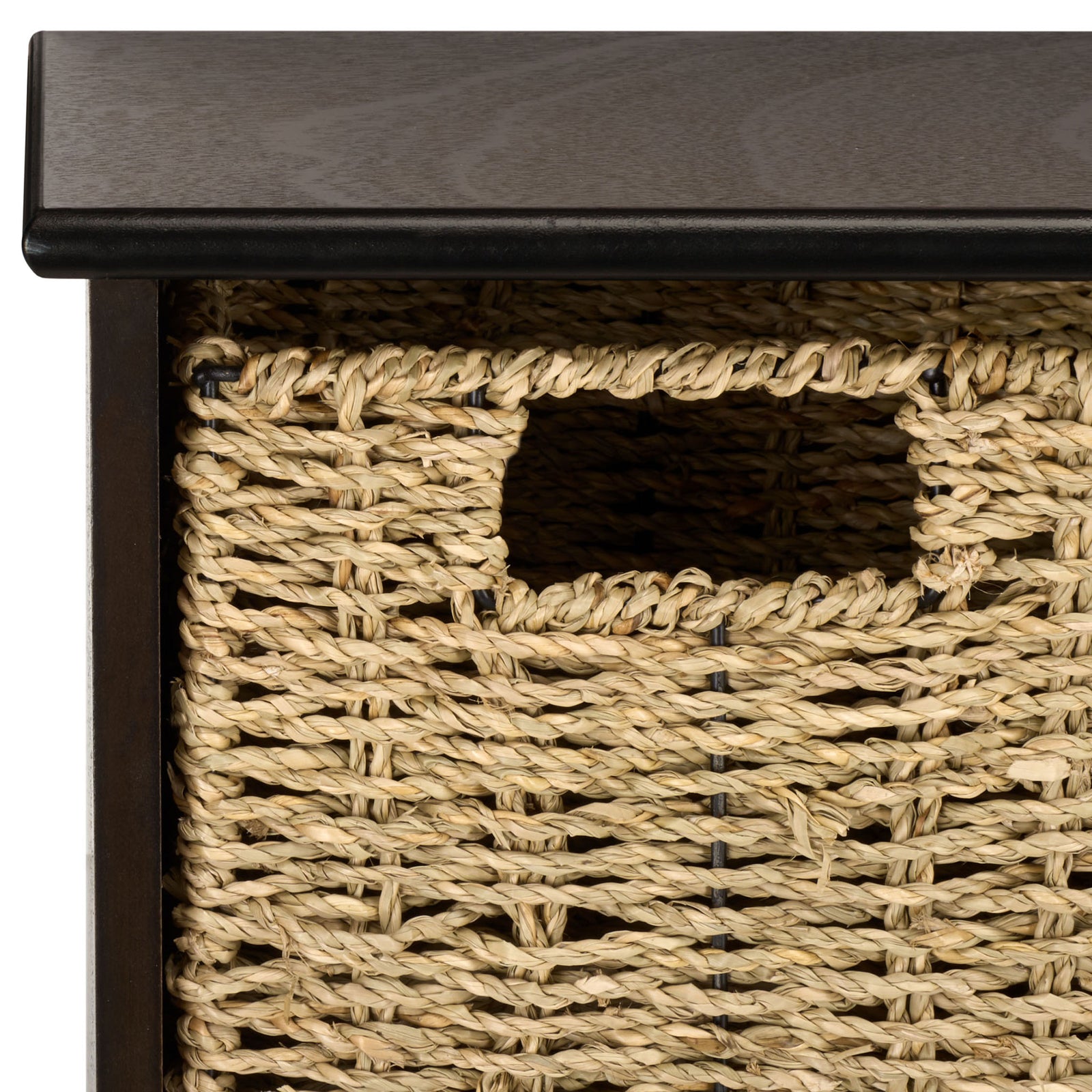 A natural woven basket contrasts with the dark chocolate frame beneath its smooth top shelf || HAC5700D || storage_studio