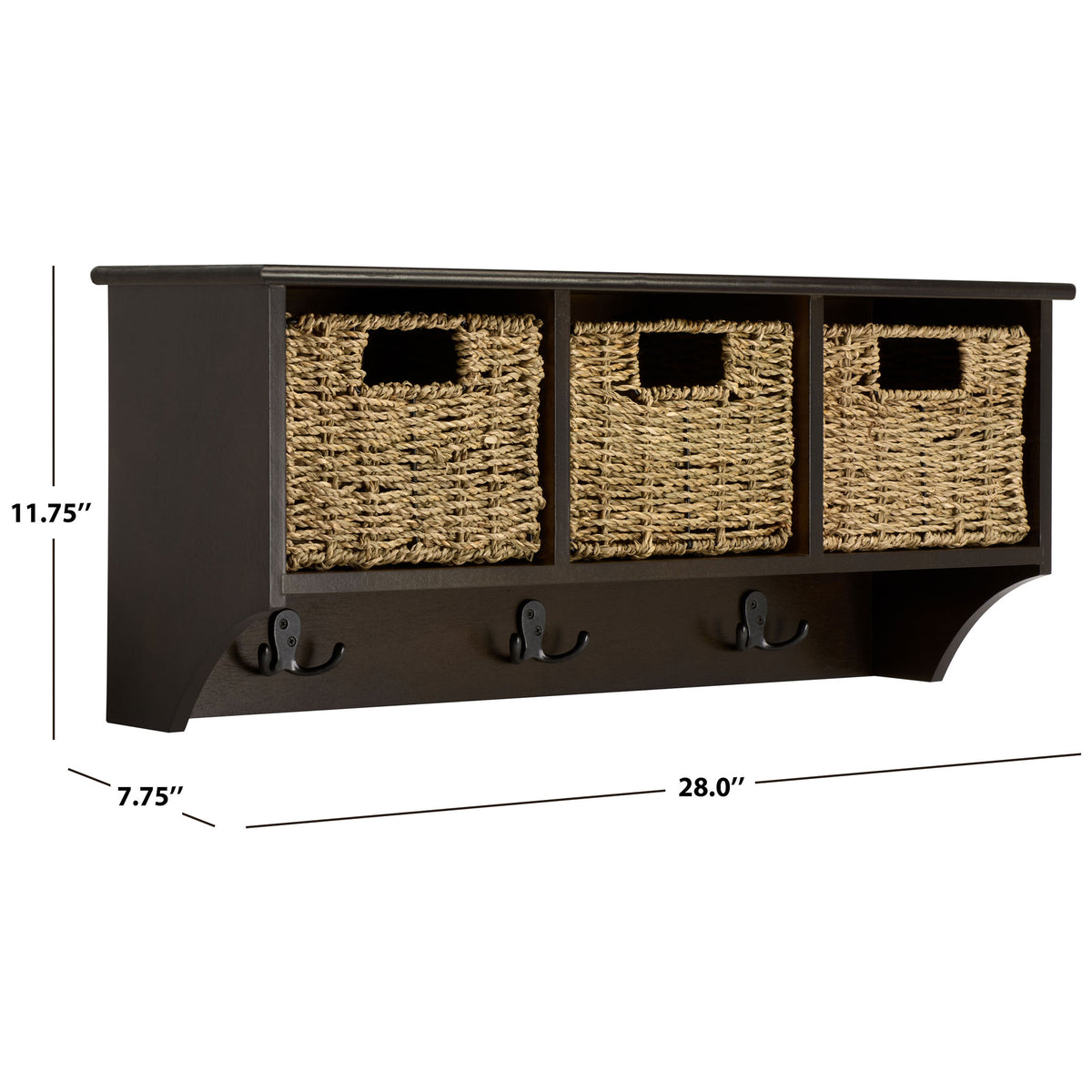 A 28-inch-wide dark chocolate rack combines three woven baskets with hanging hooks below