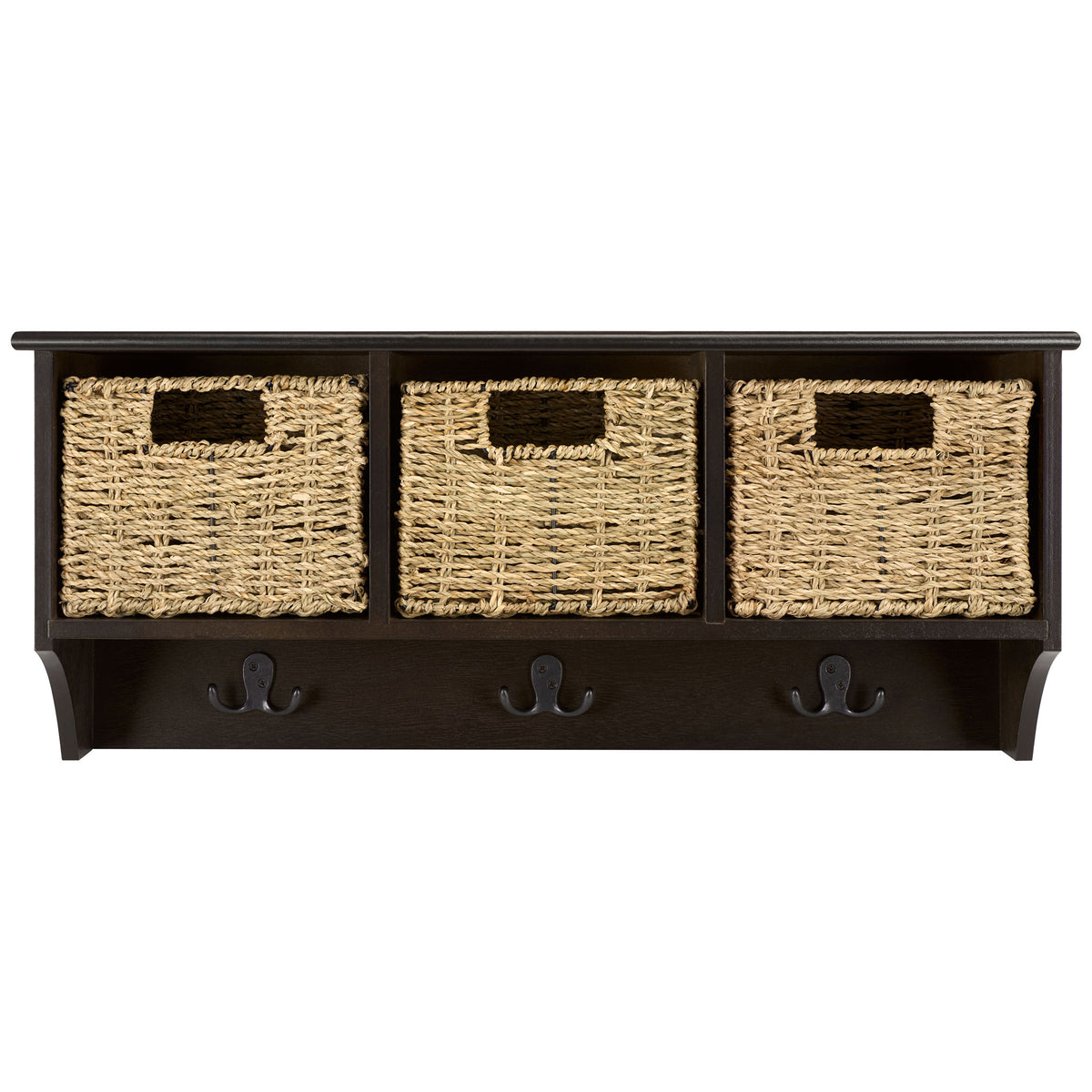 Three woven storage baskets pop against the dark chocolate frame above three double hooks || HAC5700D || front_studio
