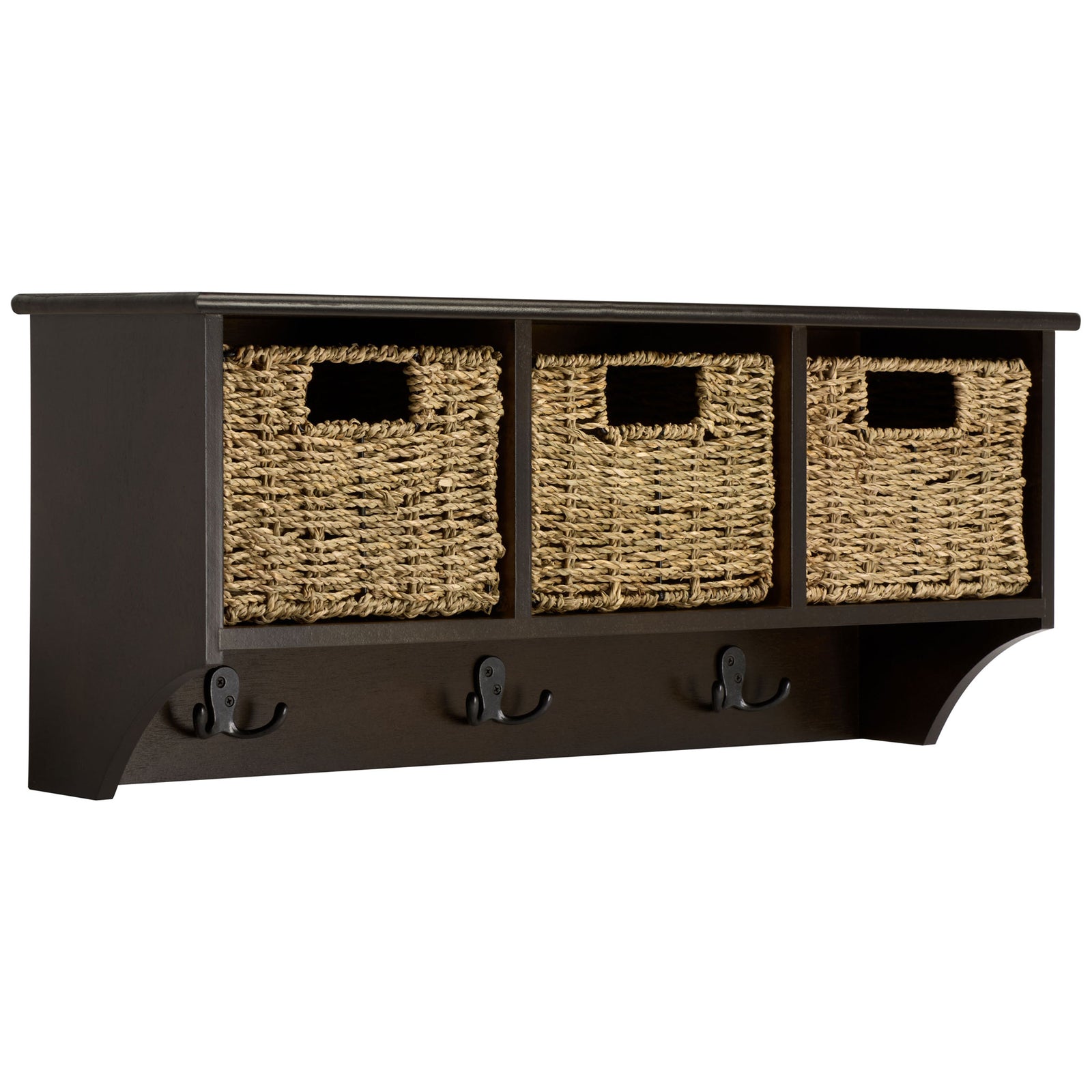 A deep brown top shelf extends over three basket cubbies and a row of sturdy coat hooks || HAC5700D || front_angle_studio
