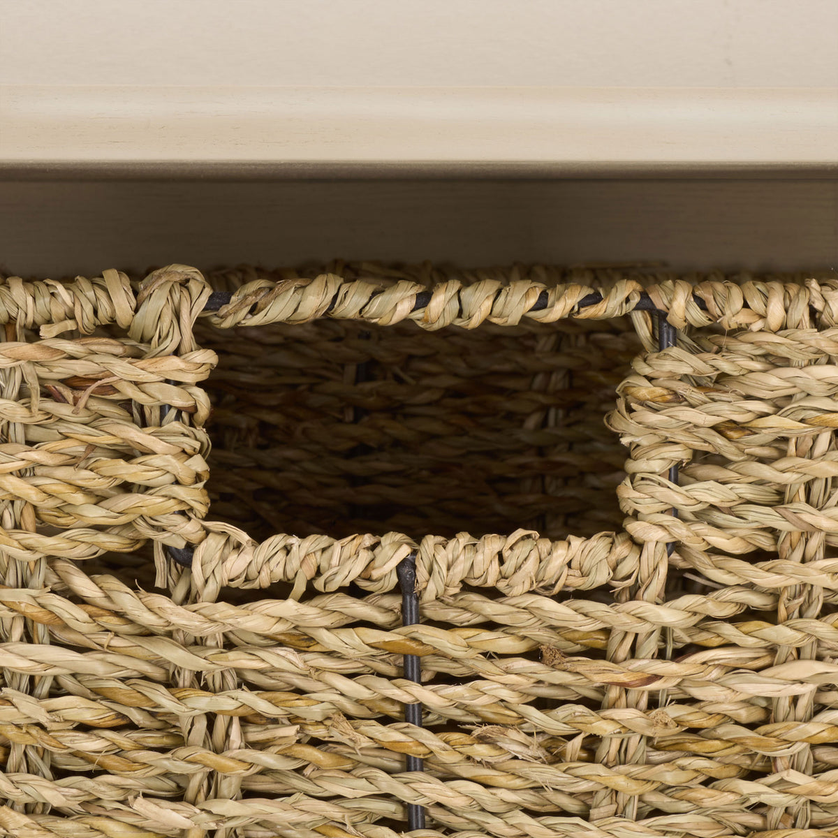 A woven basket's inset handhold makes accessing small stored essentials easy || HAC5700E || handle_studio