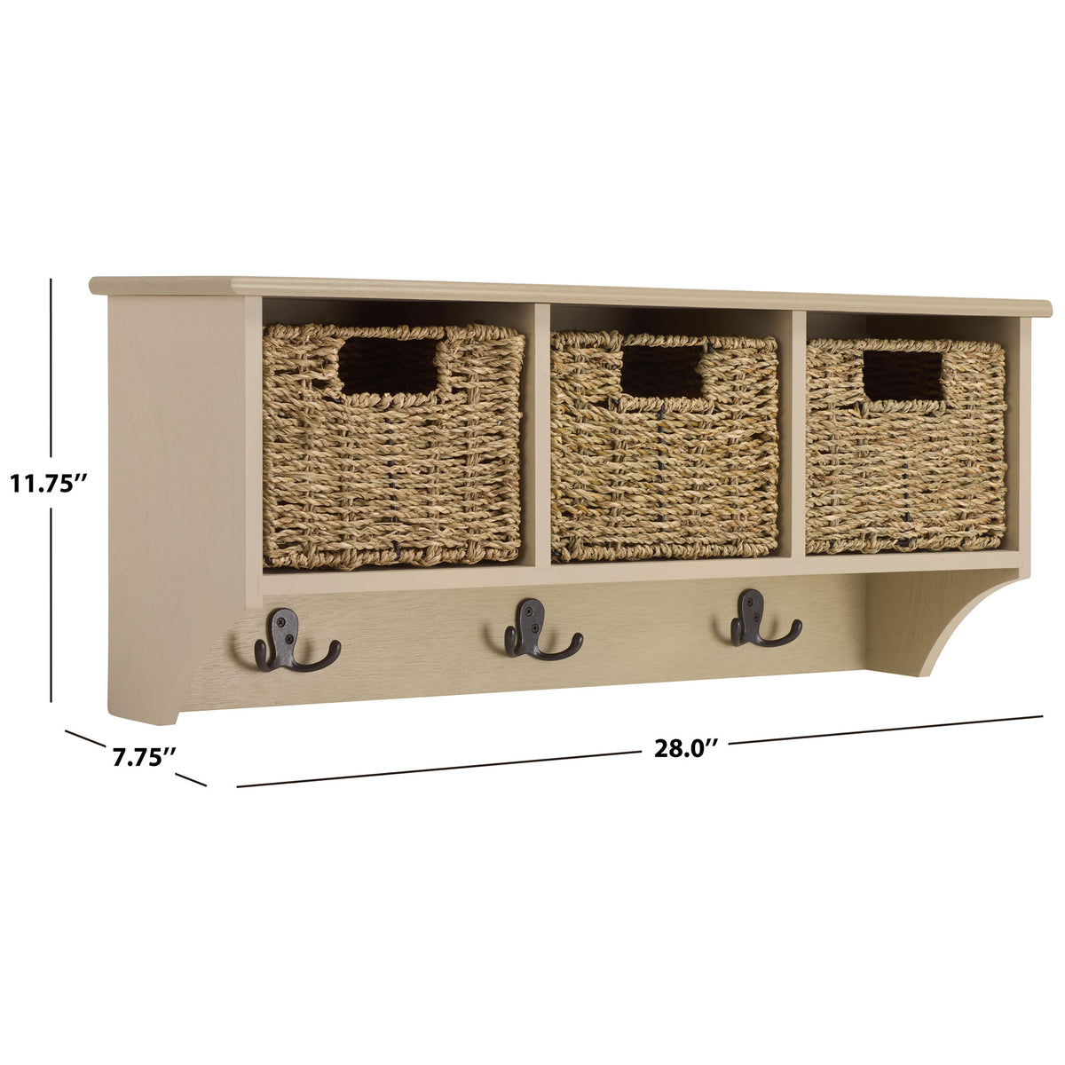 Measuring 28 inches wide, this sand-colored rack adds three woven baskets and hanging hooks || HAC5700E || dimension_studio