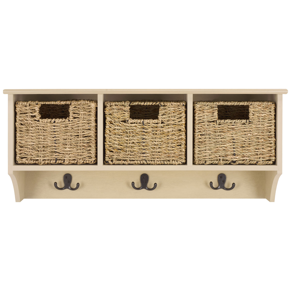 A sand-colored wall rack pairs three woven baskets with three dark double hooks || HAC5700E || front_studio