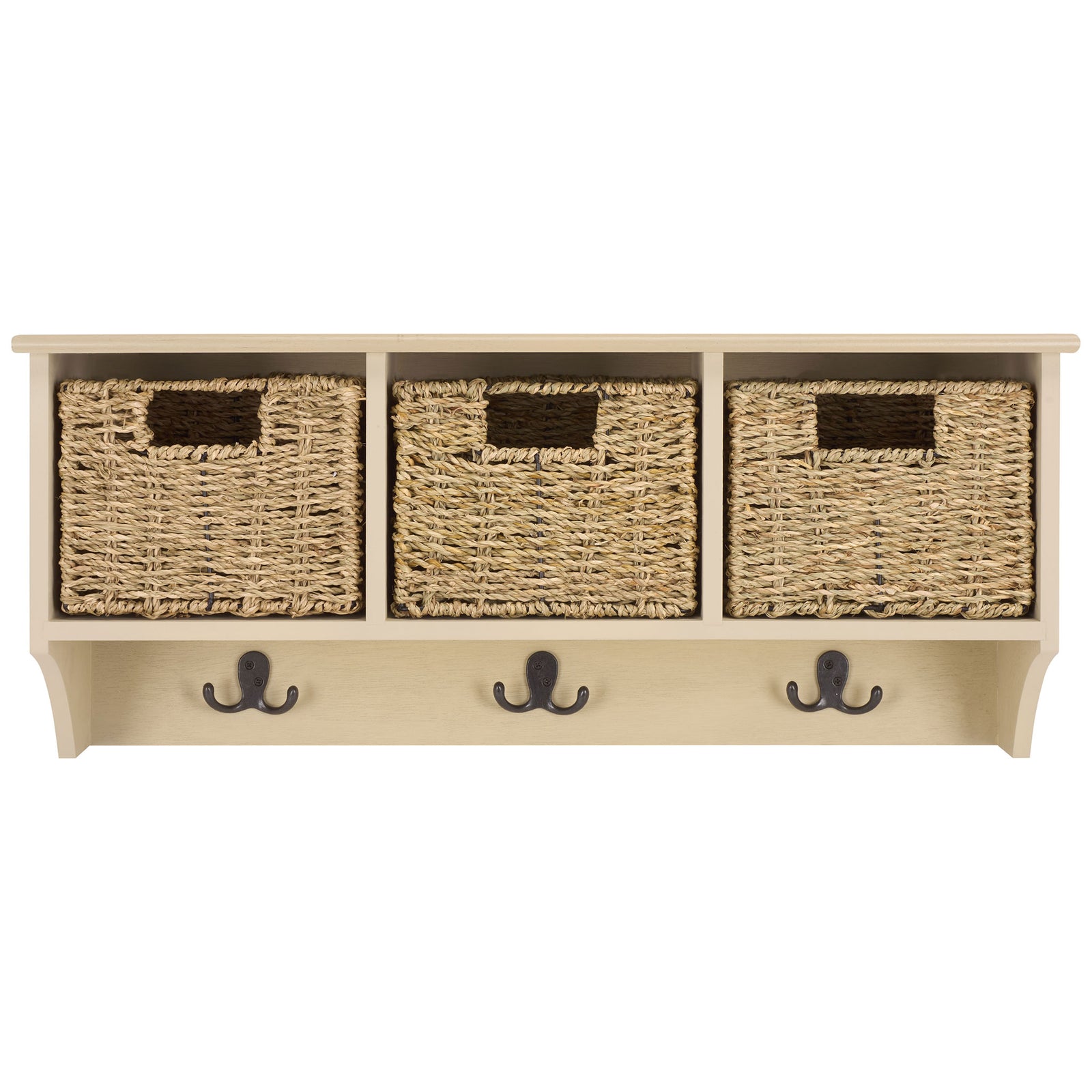 A sand-colored wall rack pairs three woven baskets with three dark double hooks || HAC5700E || front_studio