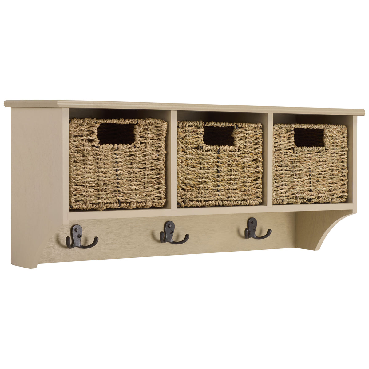 The sand-colored display ledge rests over three basket cubbies and curved end supports || HAC5700E || front_angle_studio