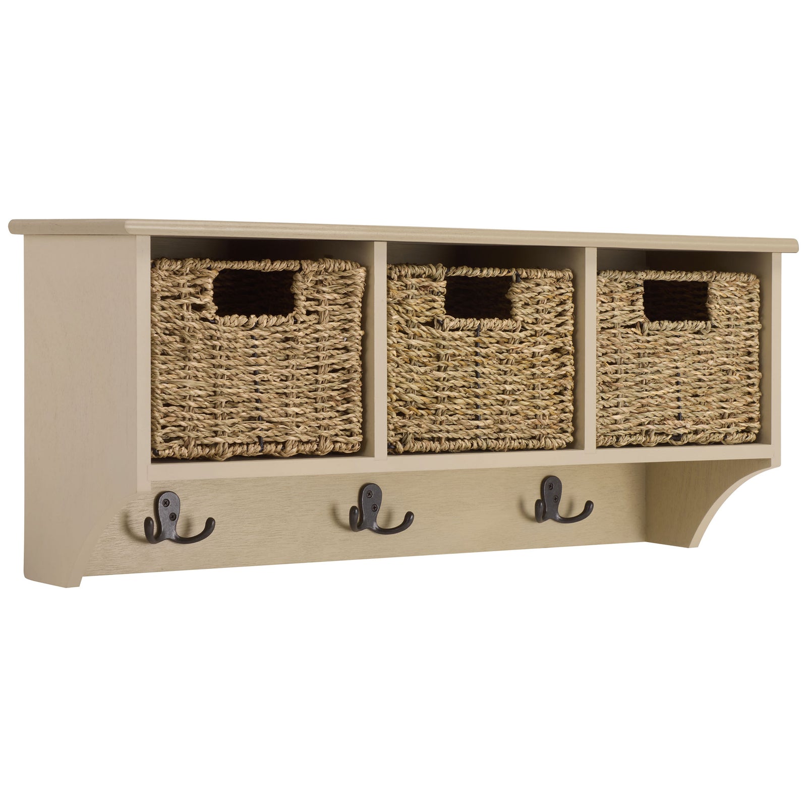The sand-colored display ledge rests over three basket cubbies and curved end supports || HAC5700E || front_angle_studio