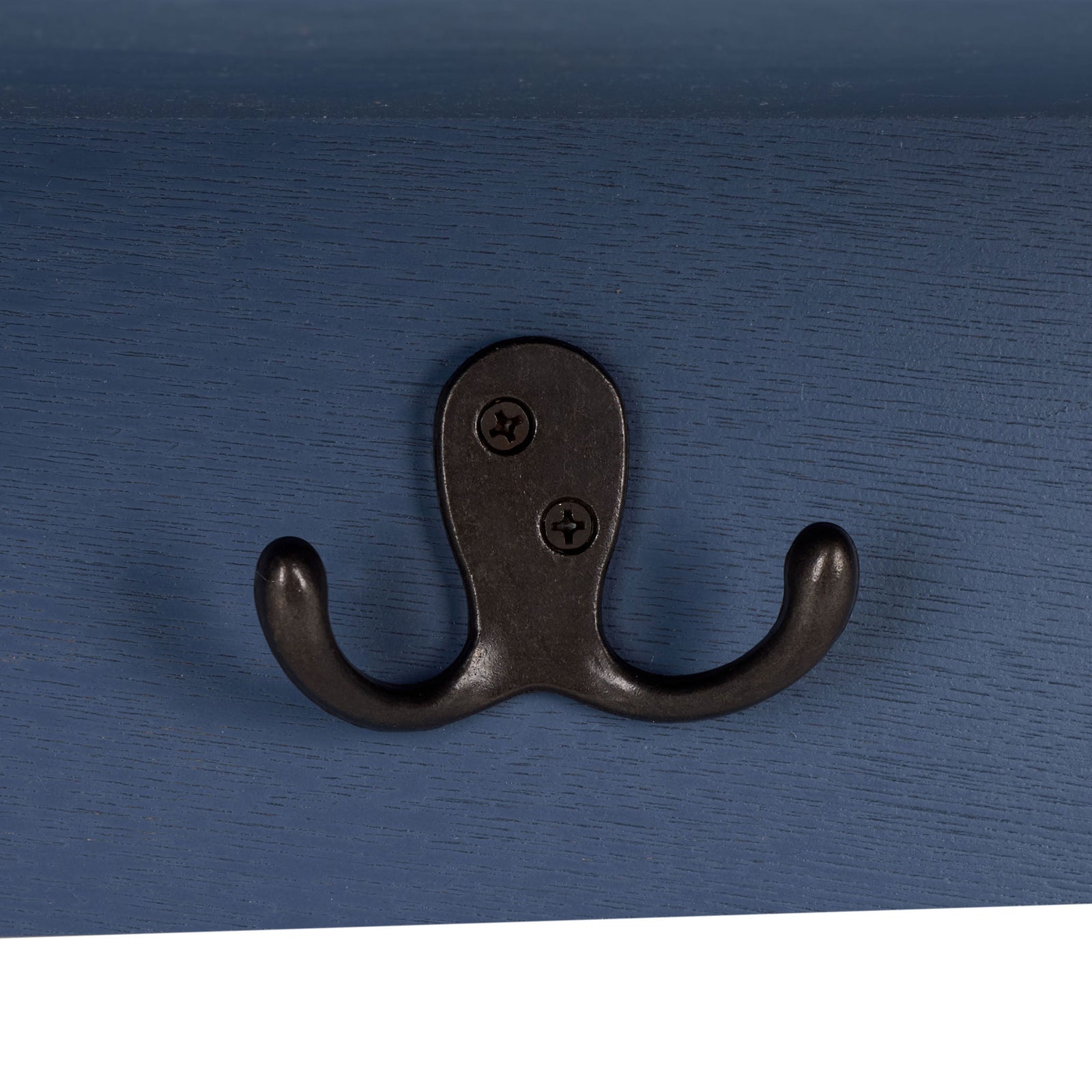 A dark metal double hook stands out against the blue-painted rack for hanging coats and bags || HAC5700F || detail_studio