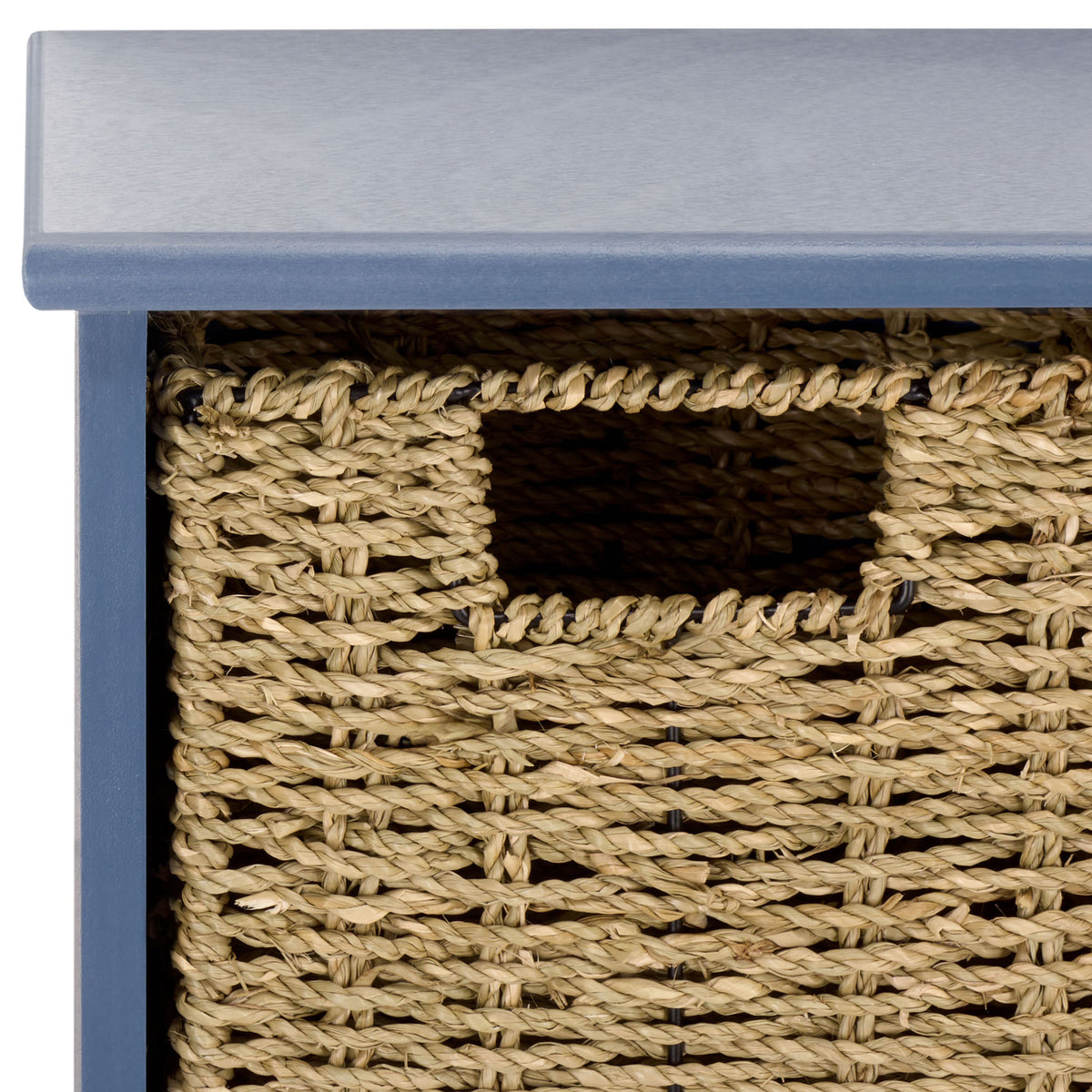 A woven basket slides neatly under the muted blue shelf, blending texture with tidy storage || HAC5700F || storage_studio