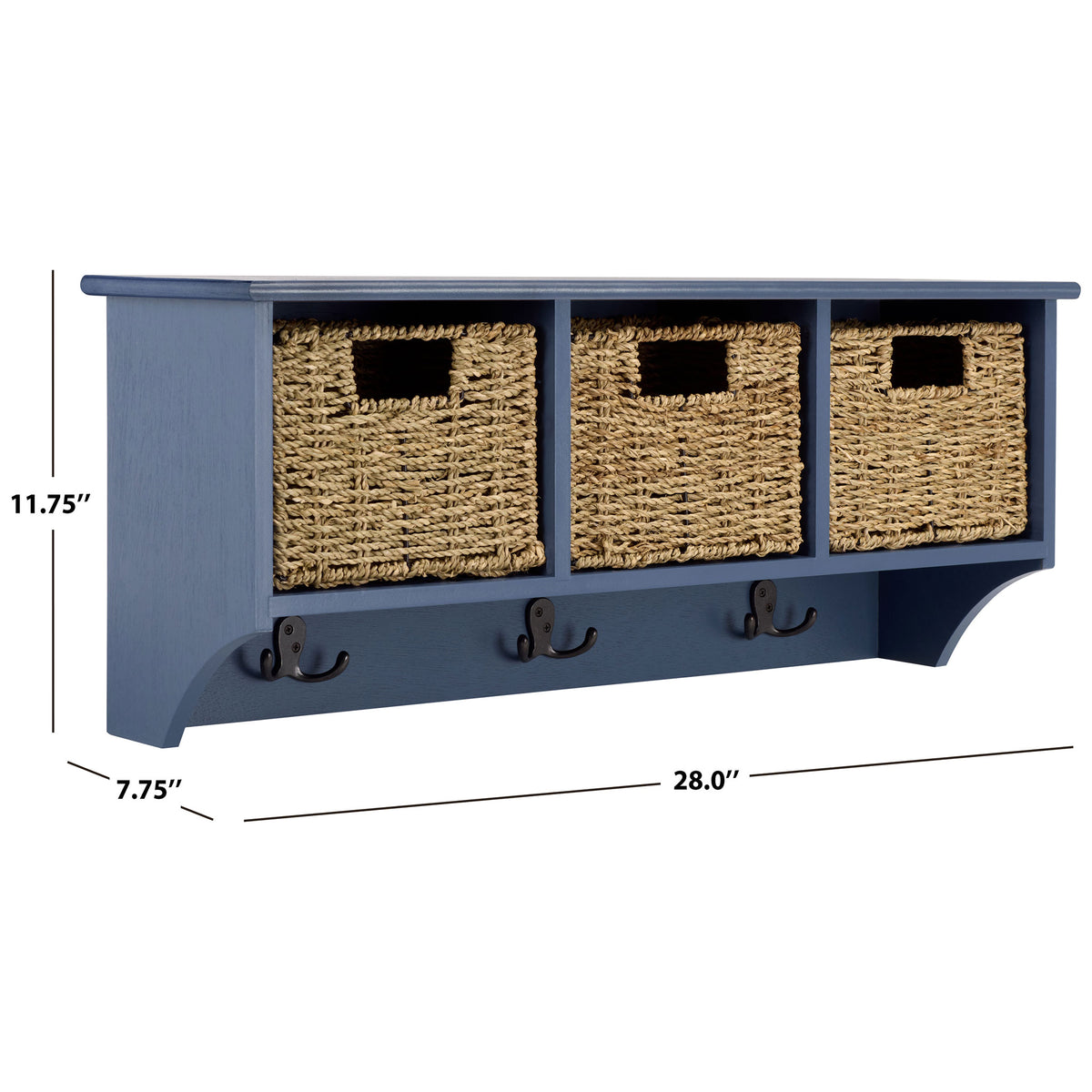 The blue wall rack measures 28 inches wide and holds three natural baskets over three double hooks