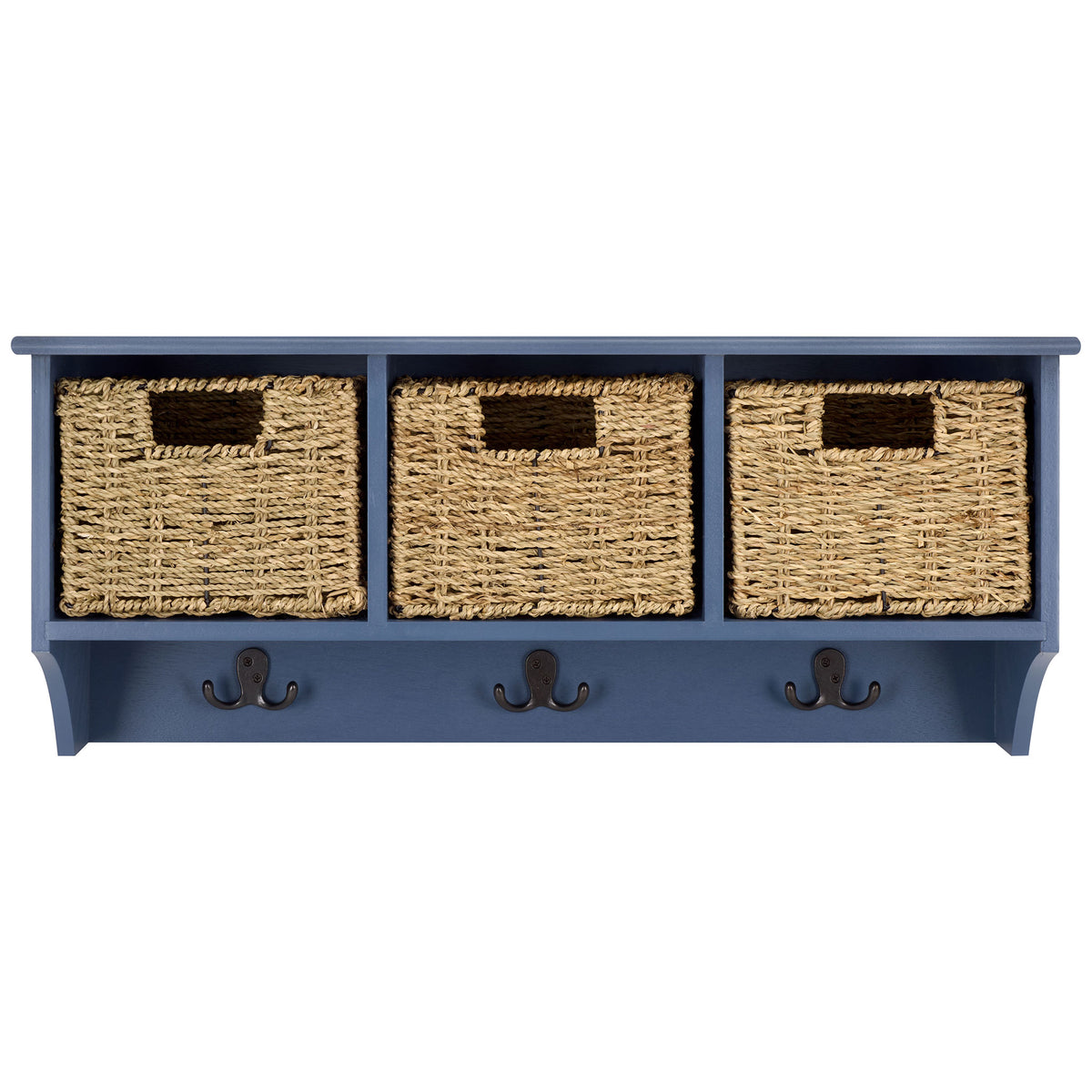 A blue wall rack pairs three woven baskets with double hooks for compact, versatile storage || HAC5700F || front_studio