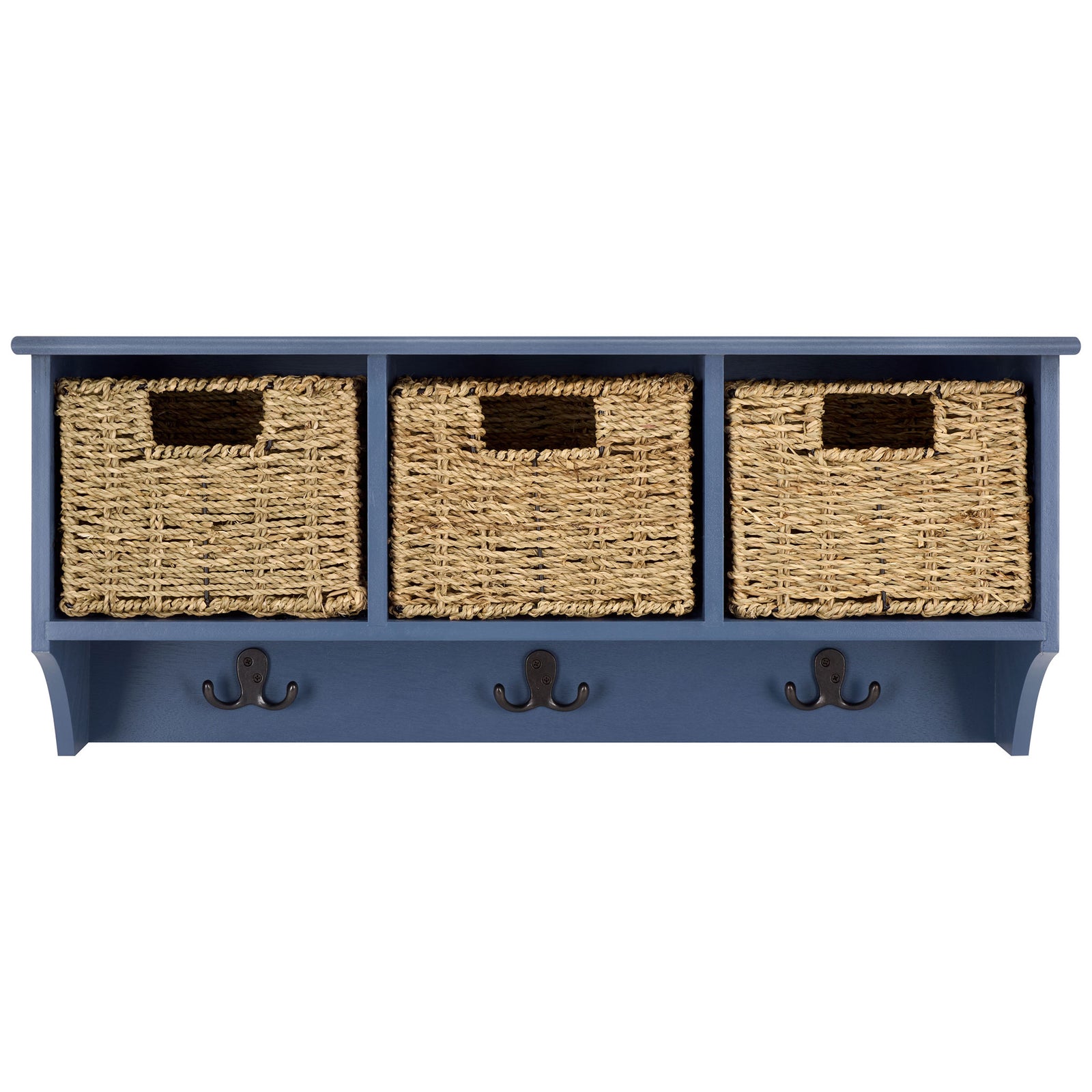 A blue wall rack pairs three woven baskets with double hooks for compact, versatile storage || HAC5700F || front_studio