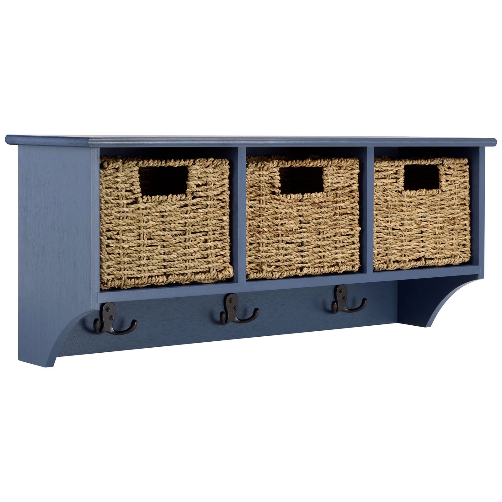 A long blue top shelf caps three woven basket cubbies and a row of dark hanging hooks || HAC5700F || front_angle_studio