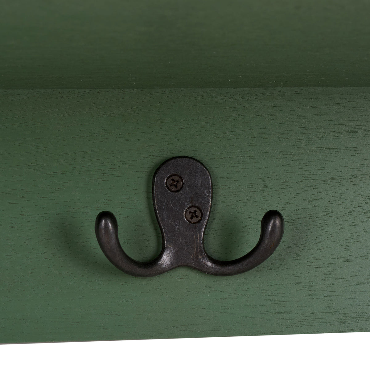 A dark double hook contrasts with the dusty green painted surface for convenient hanging || HAC5700G || detail_studio