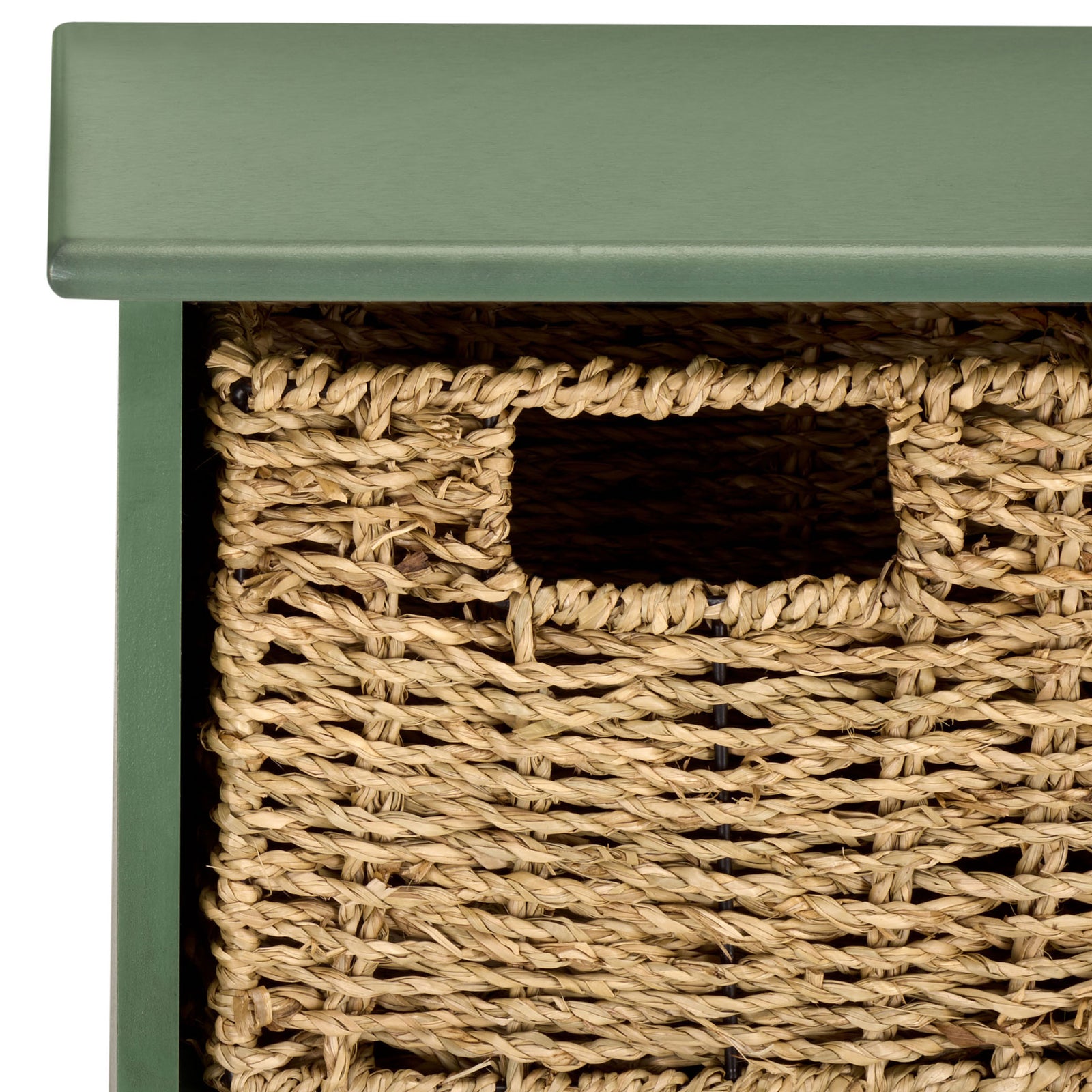 Natural basket weaving adds earthy texture to the dusty green storage rack || HAC5700G || storage_studio