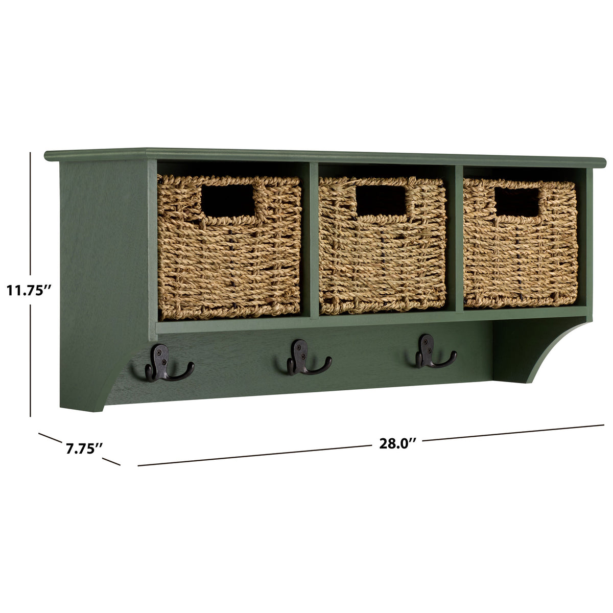 The dusty green wall rack is 28 inches wide, with three woven baskets and hooks beneath || HAC5700G || dimension_studio