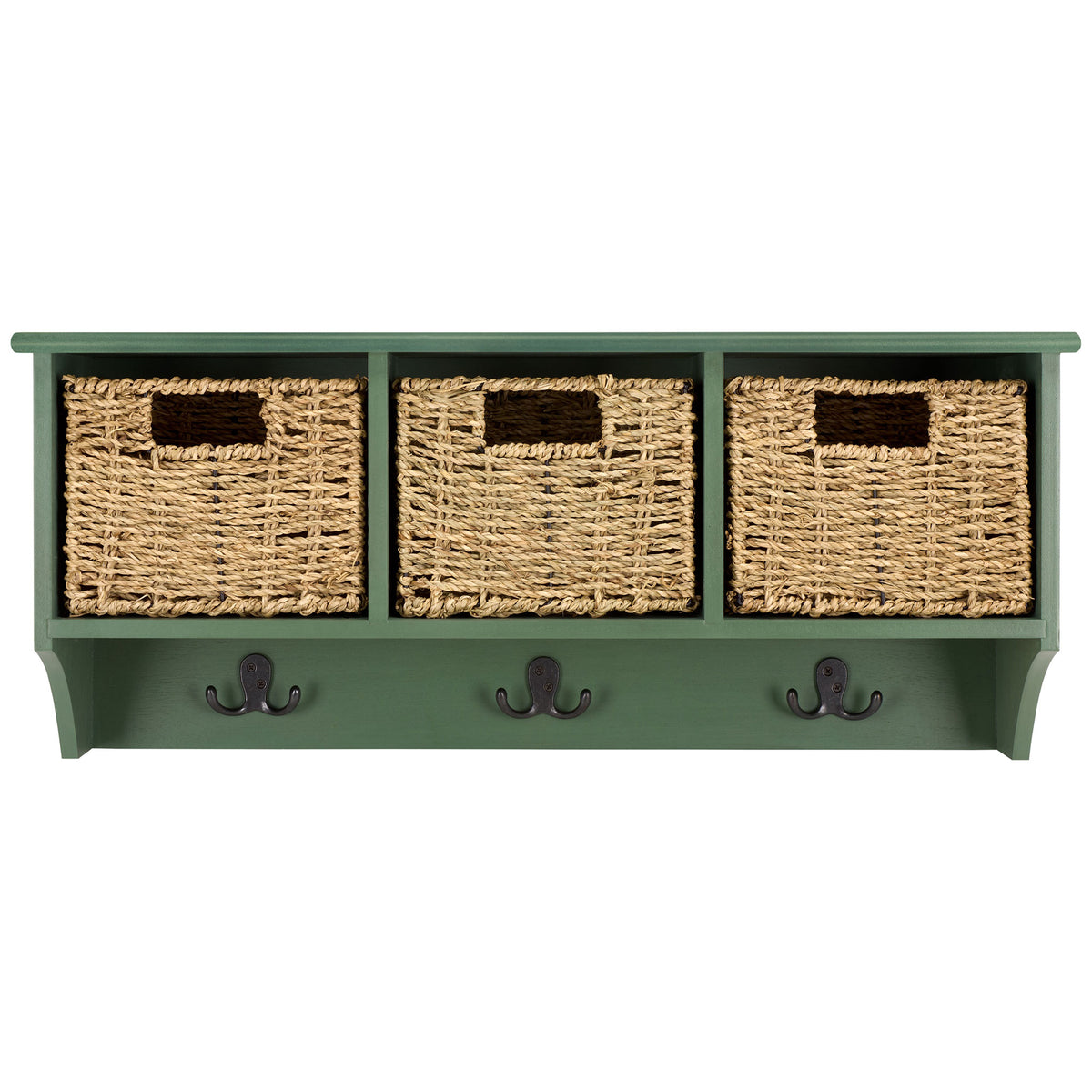 Three woven baskets and dark double hooks add practical storage to a dusty green wall rack || HAC5700G || front_studio