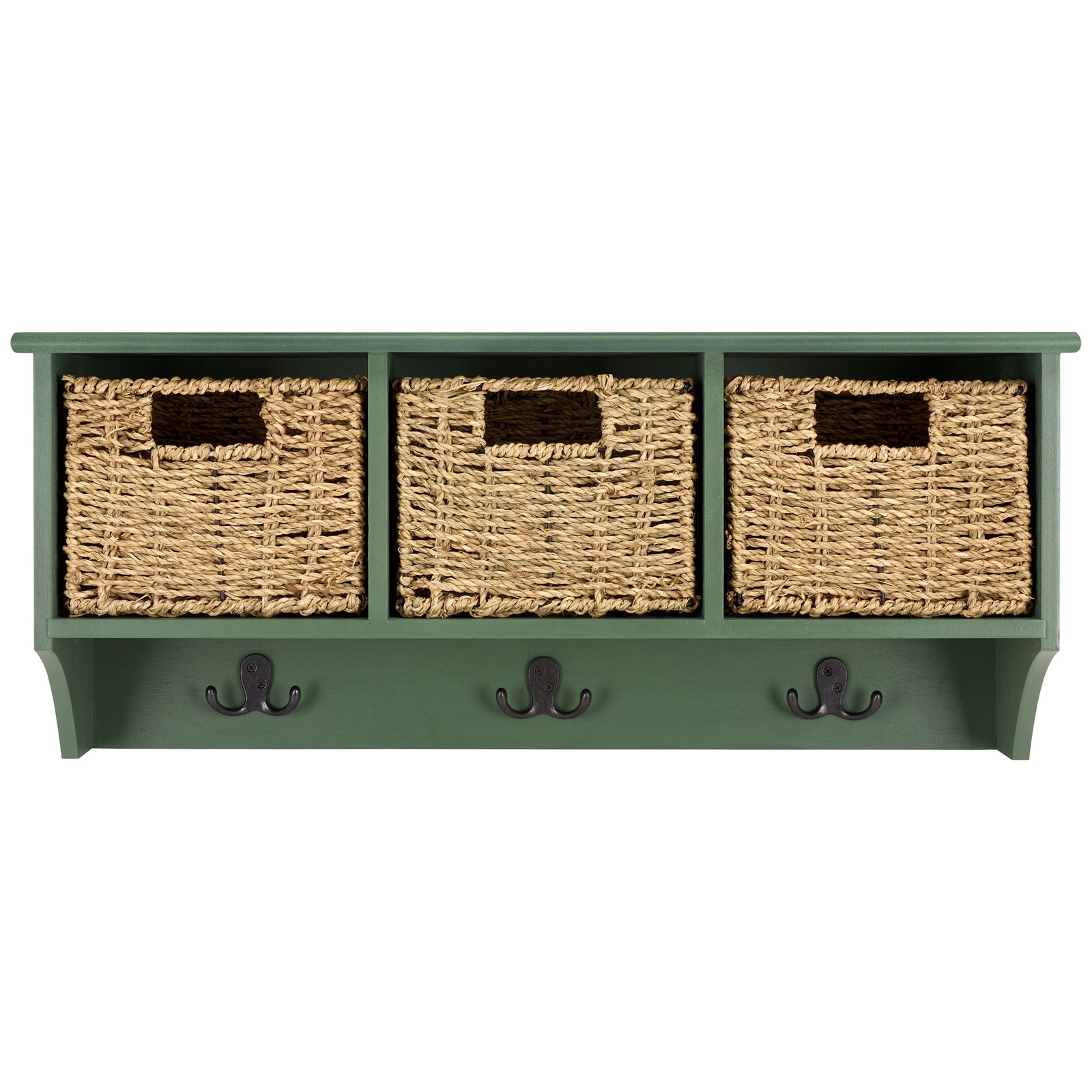 Three woven baskets and dark double hooks add practical storage to a dusty green wall rack || HAC5700G || front_studio